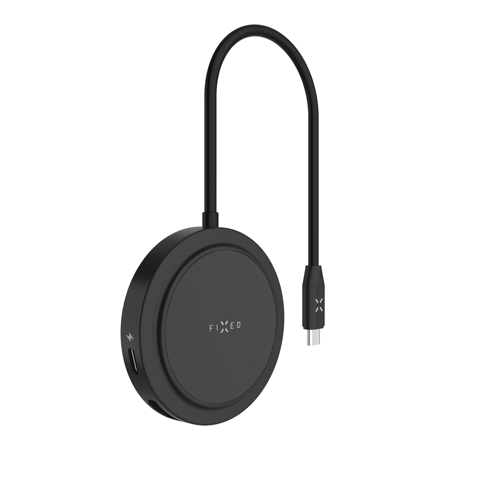 Ein schwarzer, runder USB-C-Hub mit integriertem Kabel und Markenlogo auf einer weißen Oberfläche.