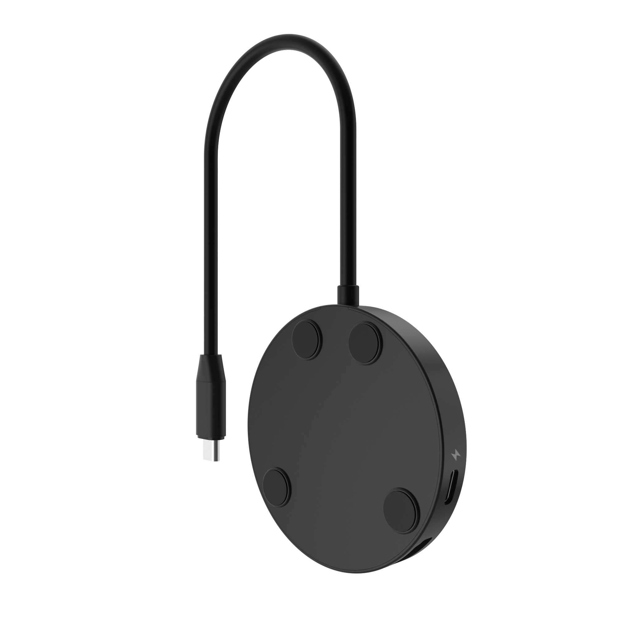 Schwarzer runder USB-C-Hub mit integriertem Kabel gegen weißen Hintergrund.