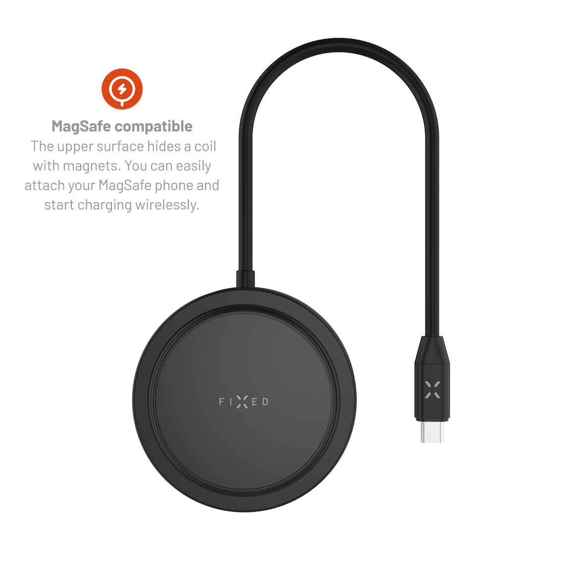 Ein schwarzes MagSafe-kompatibles kabelloses Ladegerät mit USB-C-Kabel und Beschreibung links.