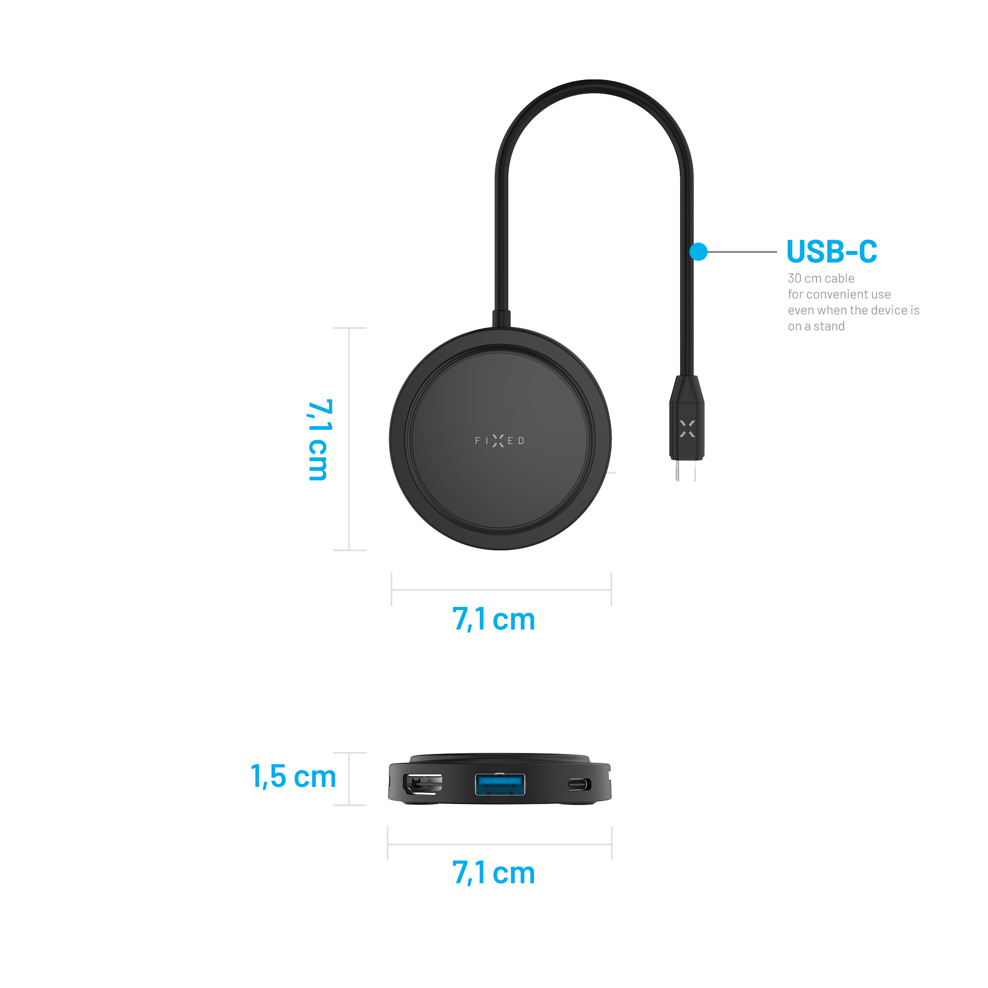 Schwarzes rundes USB-C Ladegerät mit 7,1 cm Durchmesser und Abmessungen, inklusive 30 cm Kabel.
