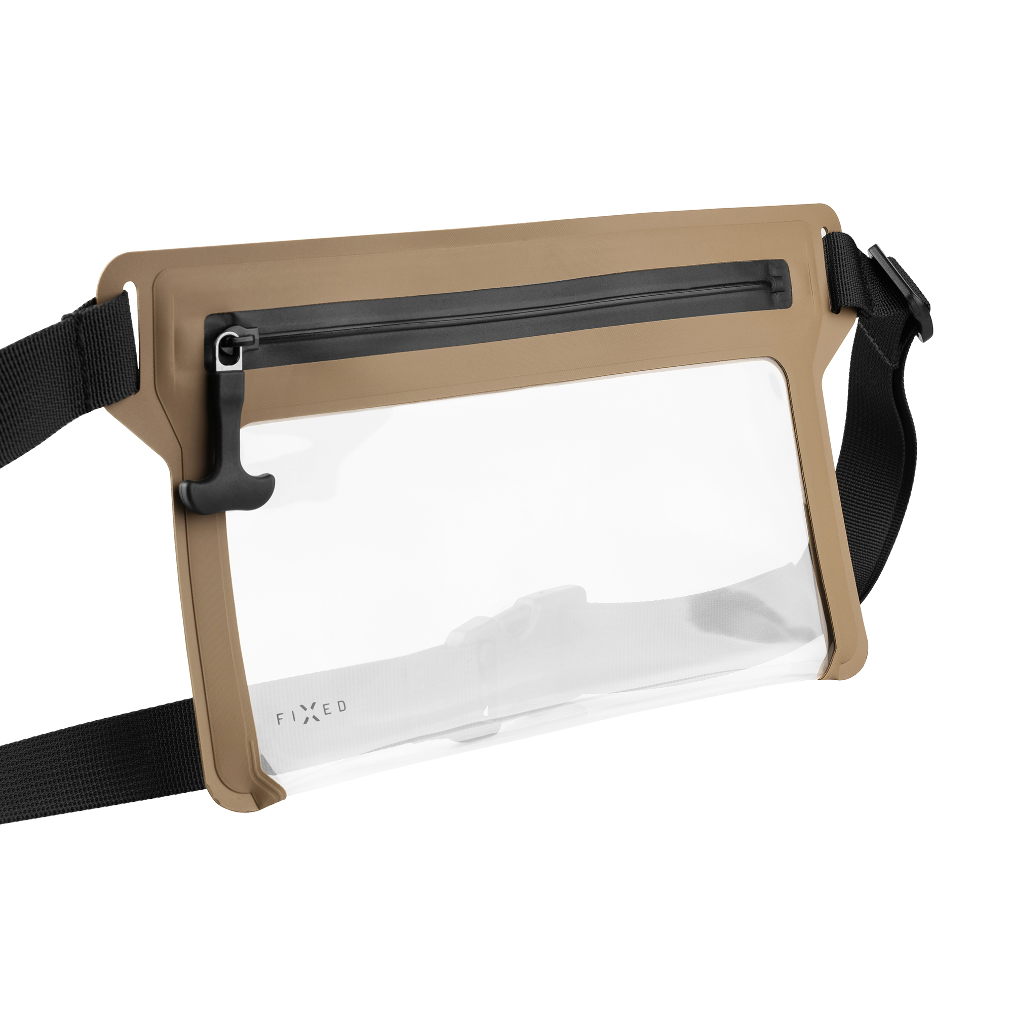 Eine braune wasserdichte Gürteltasche mit transparentem Fenster und schwarzem Gurt auf weißem Hintergrund.