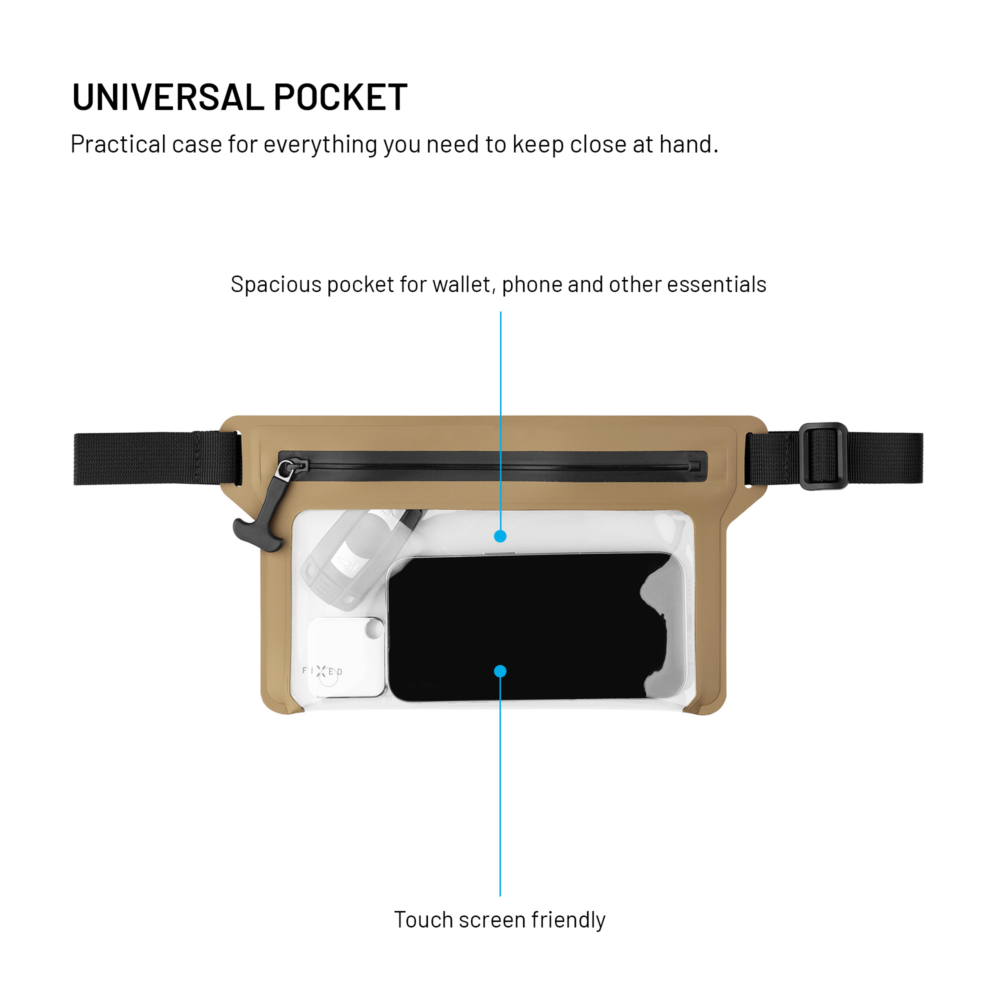 Braune Bauchtasche mit klarem Fenster für Handy und Wertsachen, schwarzem Reißverschluss und verstellbarem Gurt.
