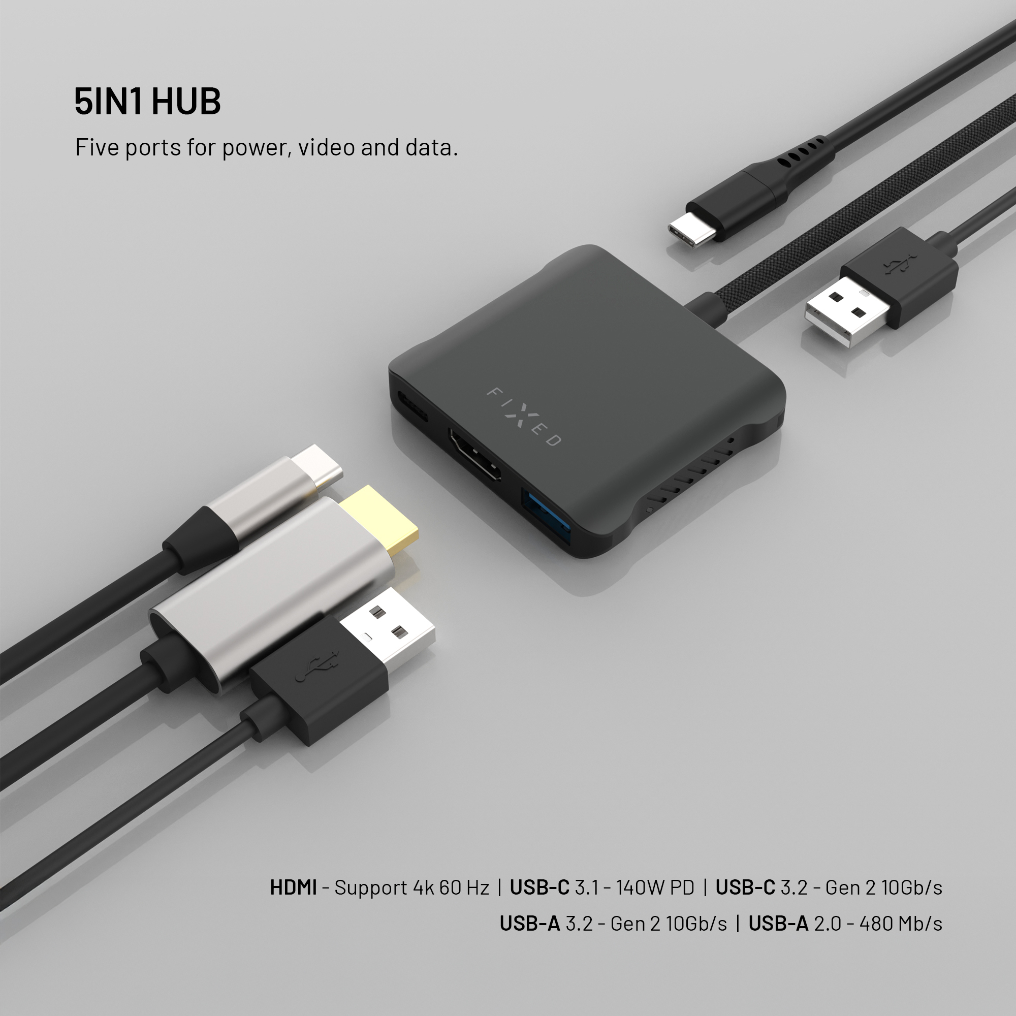 Ein schwarzer 5-in-1-USB-Hub mit Kabeln und Anschlüssen wie HDMI, USB-C und USB-A.