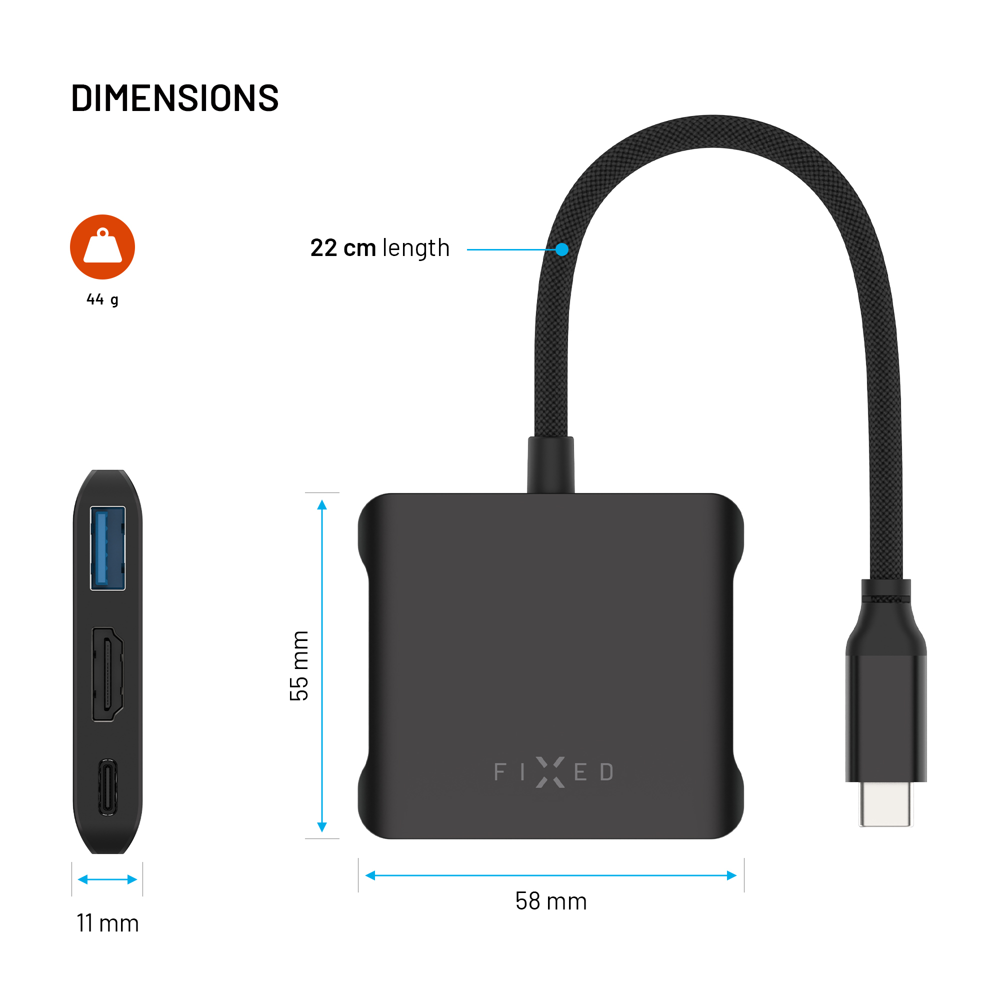 Technische Zeichnung mit Maßen eines schwarzen USB-C-Hubs und integriertem Kabel auf weißem Grund.