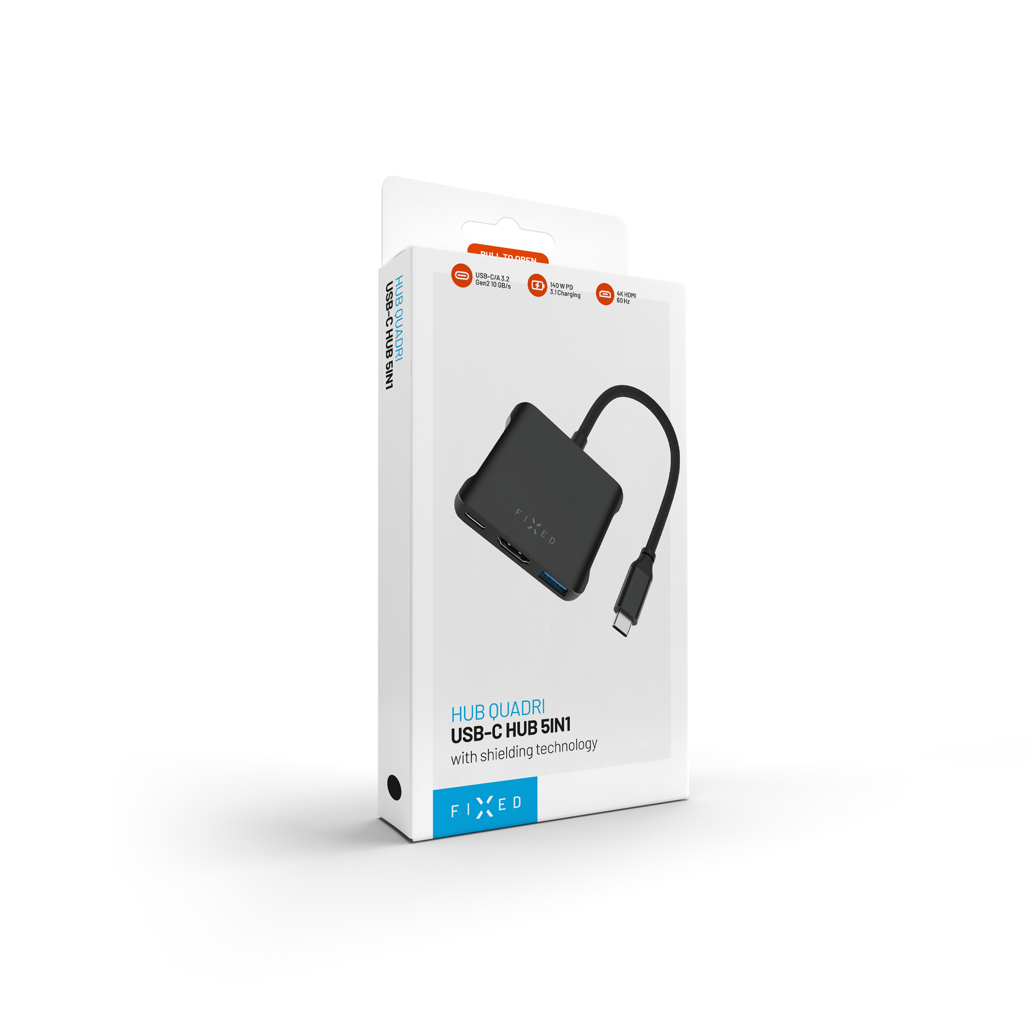 Verpackung eines Fixed USB-C Hub 5in1 mit Bild des schwarzen Hubs auf weißem Hintergrund.
