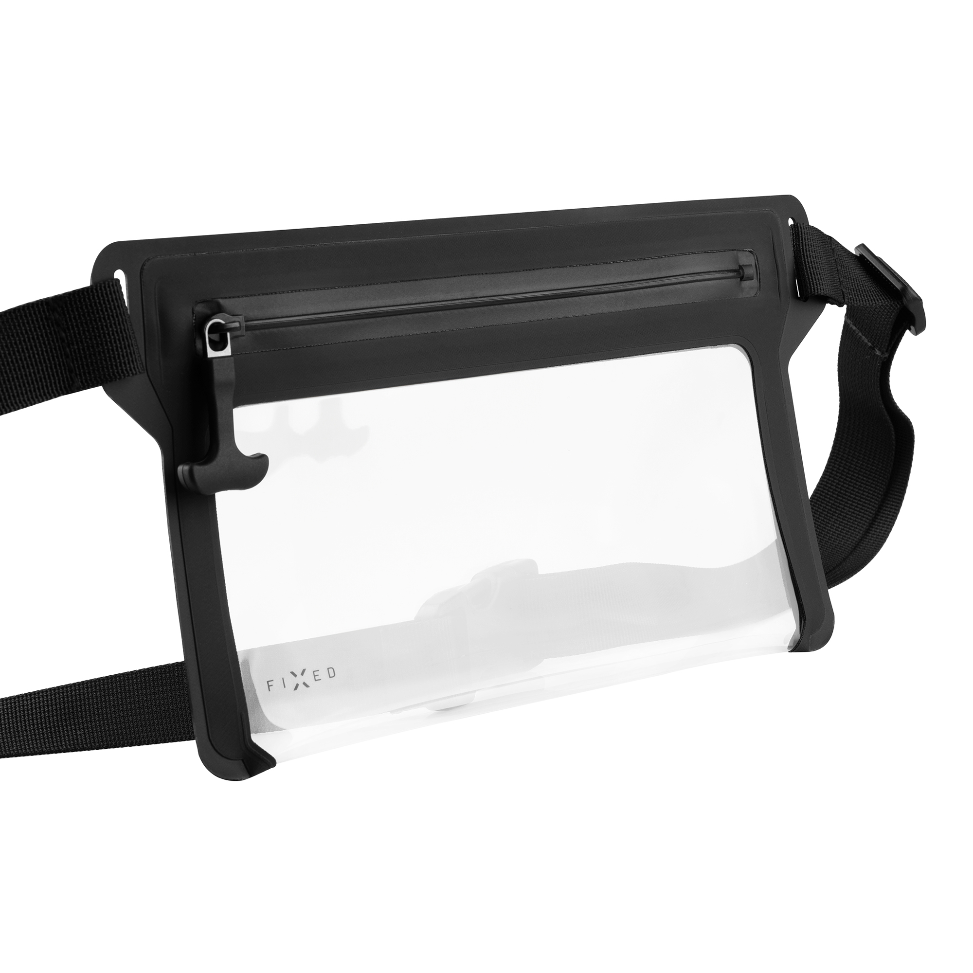 Schwarze, wasserdichte Hüfttasche mit einem großen, transparenten Fenster und einem verstellbaren Gurt.