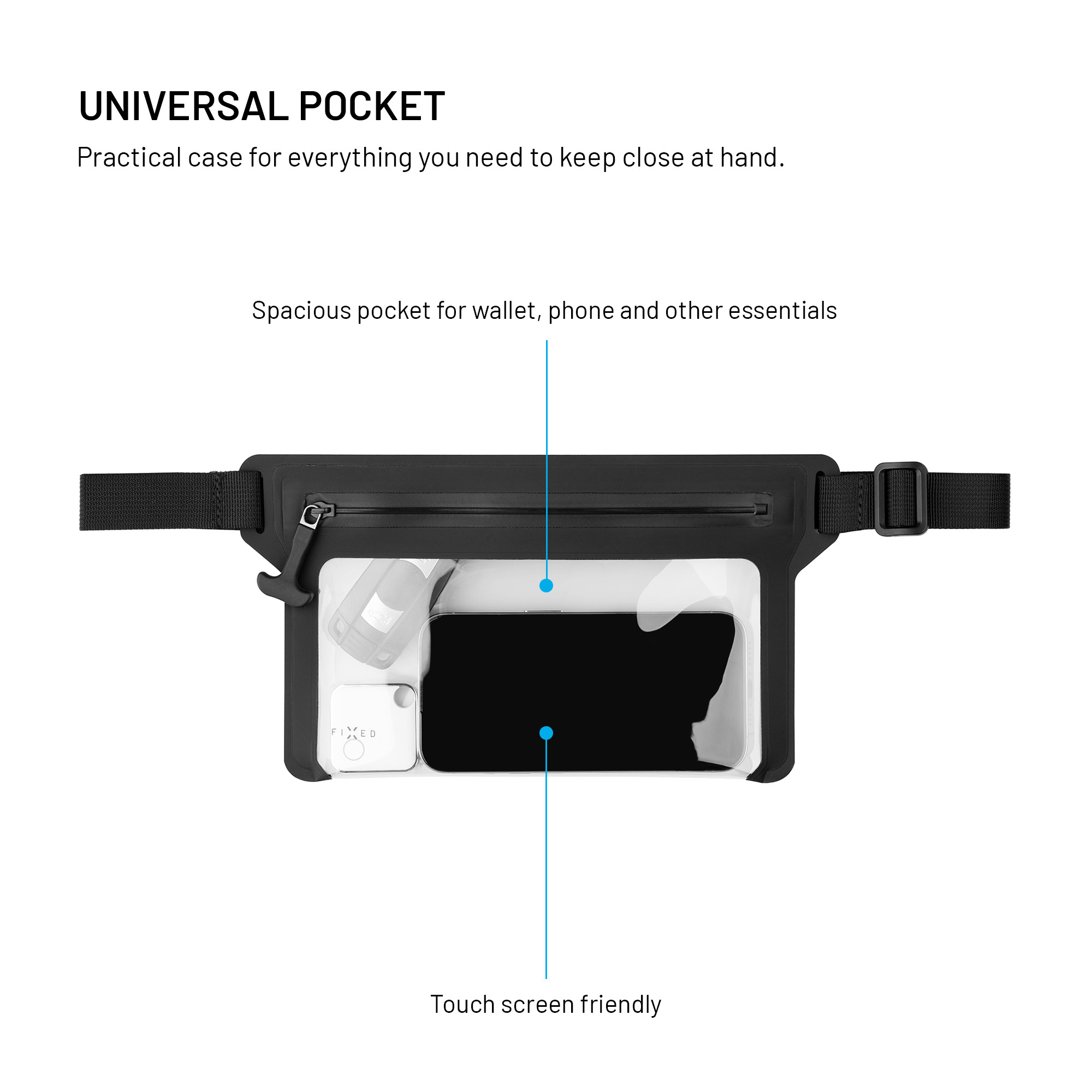 Schwarze Universaltasche mit klarem Sichtfenster und Text mit Produktmerkmalen.