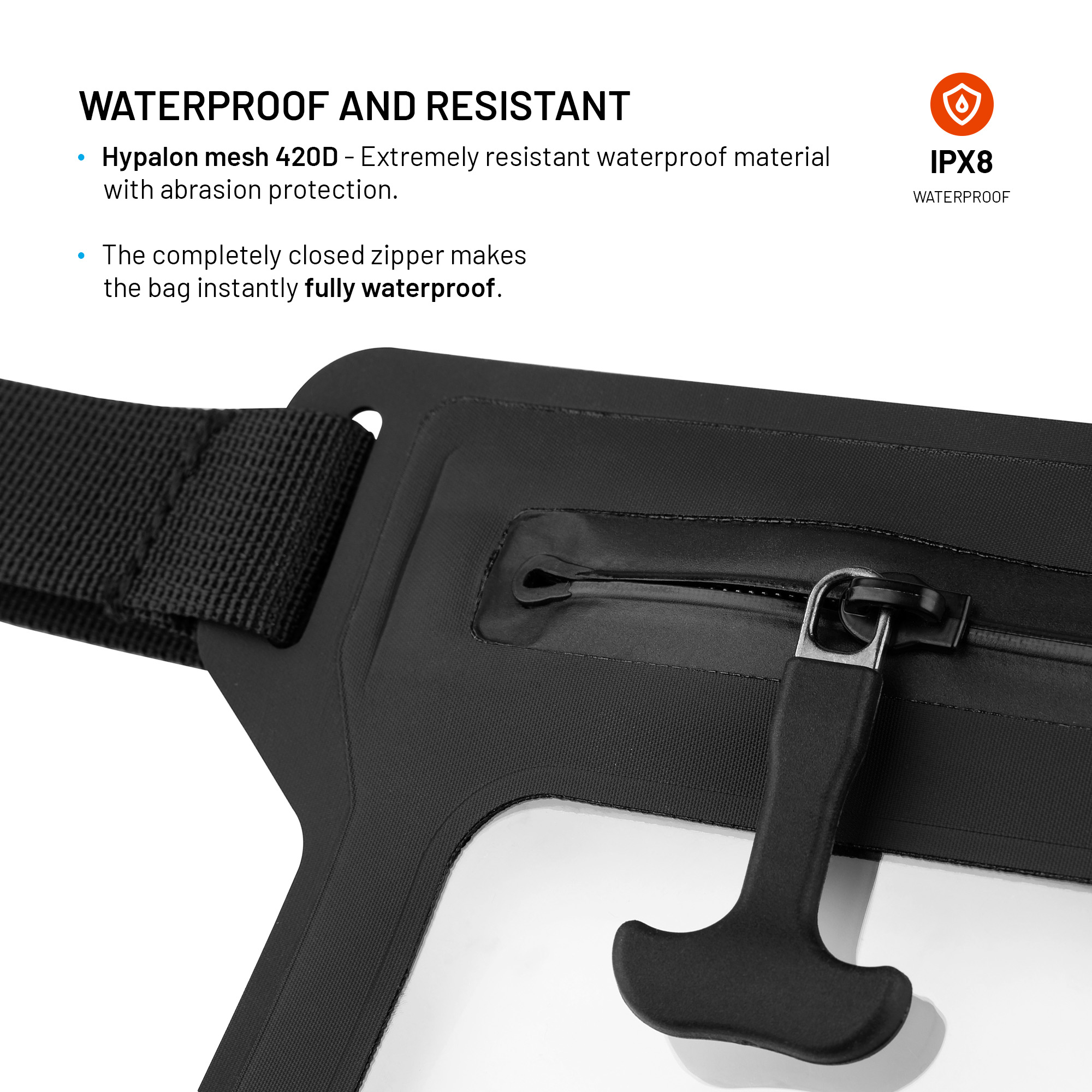 Detailansicht eines wasserdichten IPX8 Beutels mit robustem Reißverschluss und Textilriemen.