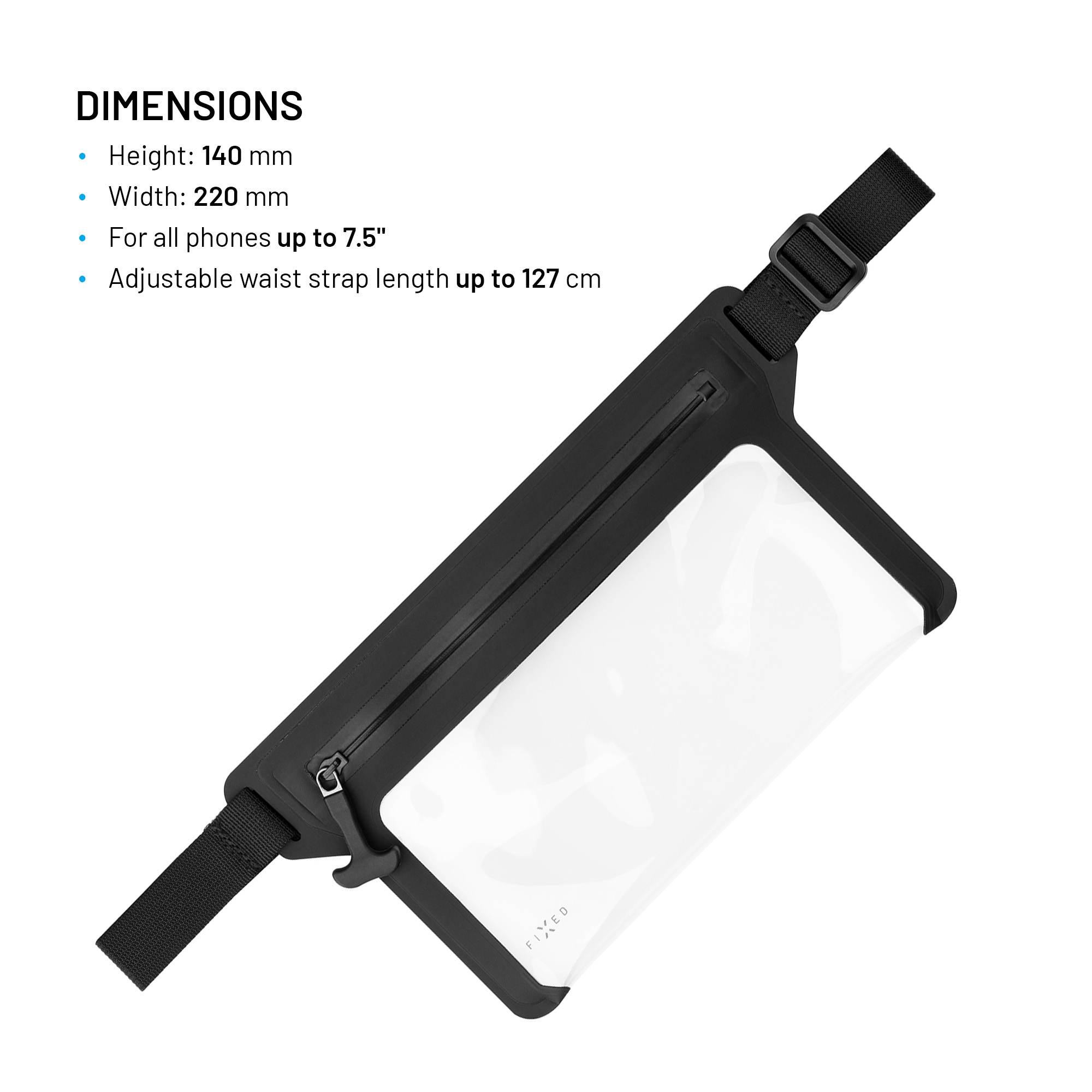 Schwarze Gürteltasche mit durchsichtigem Fenster und verstellbarem Gurt, mit Maßen und Text daneben.