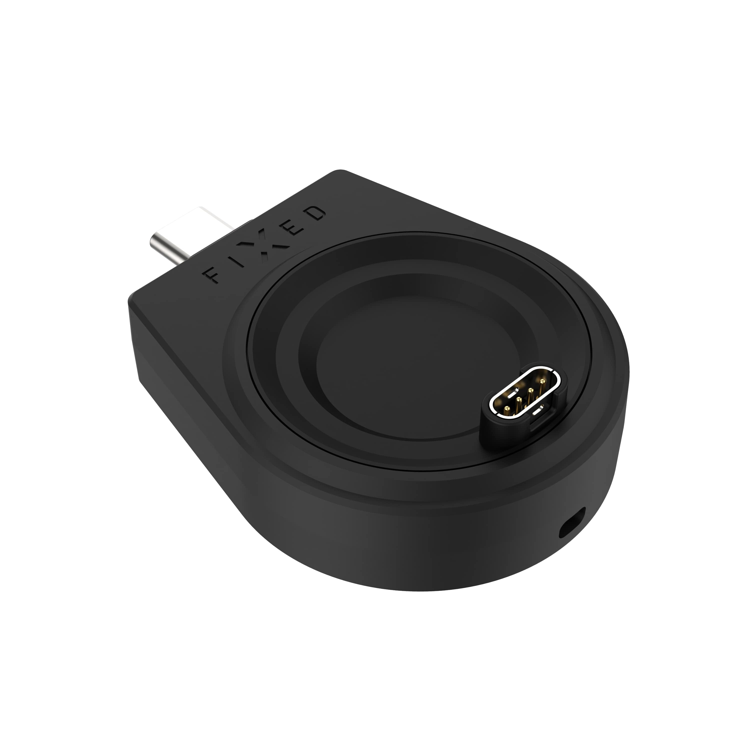 Schwarzes Uhrenladegerät mit USB-C-Stecker und runder Ladefläche auf weißem Hintergrund.