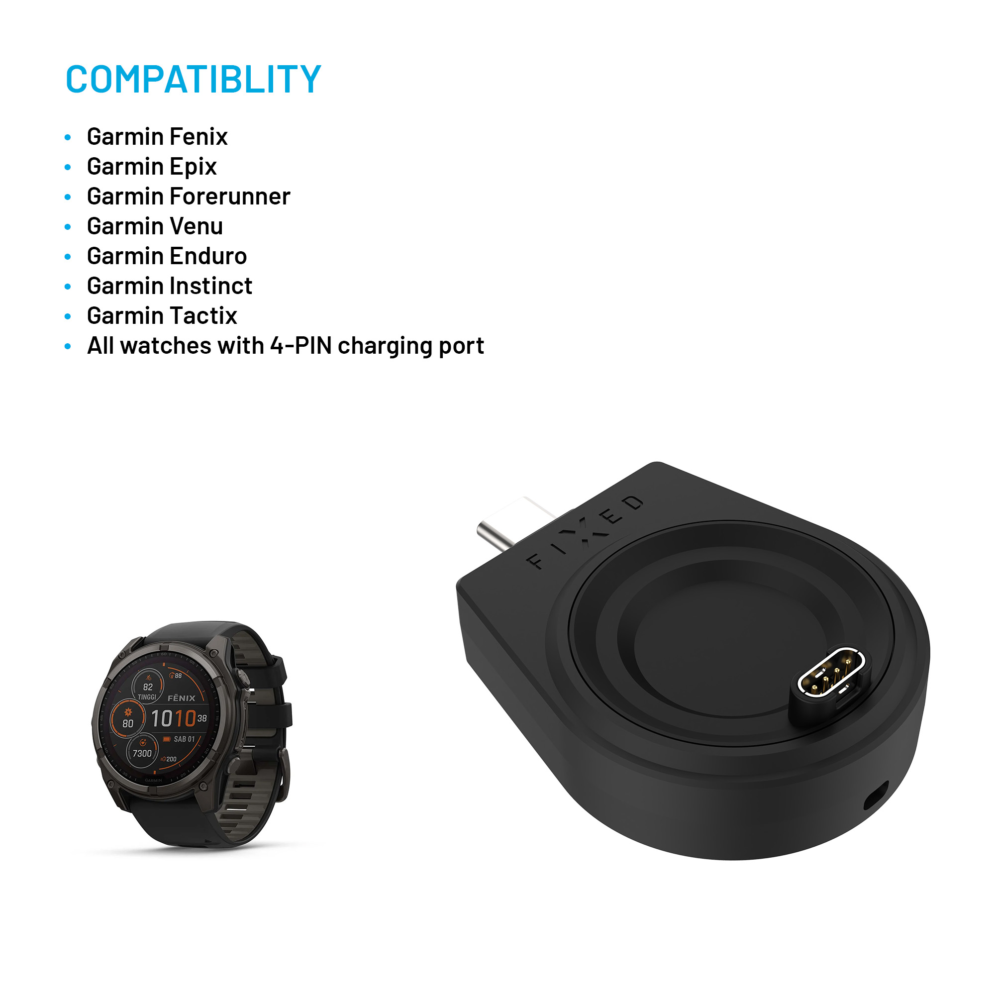 Schwarzer FIXED-Ladegerätadapter für Garmin-Uhren, kompatibel mit Fenix, Epix und Forerunner.