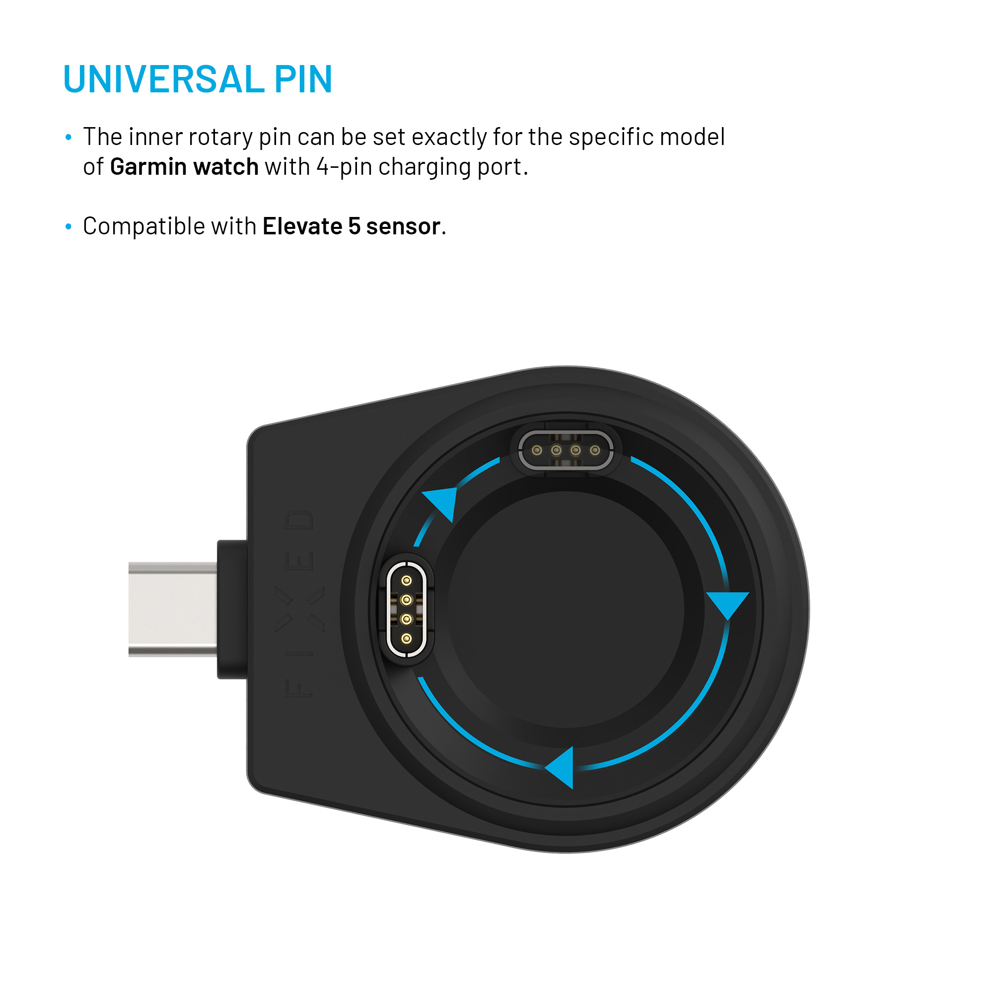 Schwarzes Ladezubehör für Garmin-Uhren mit drehbarem Pin und USB-C-Anschluss.