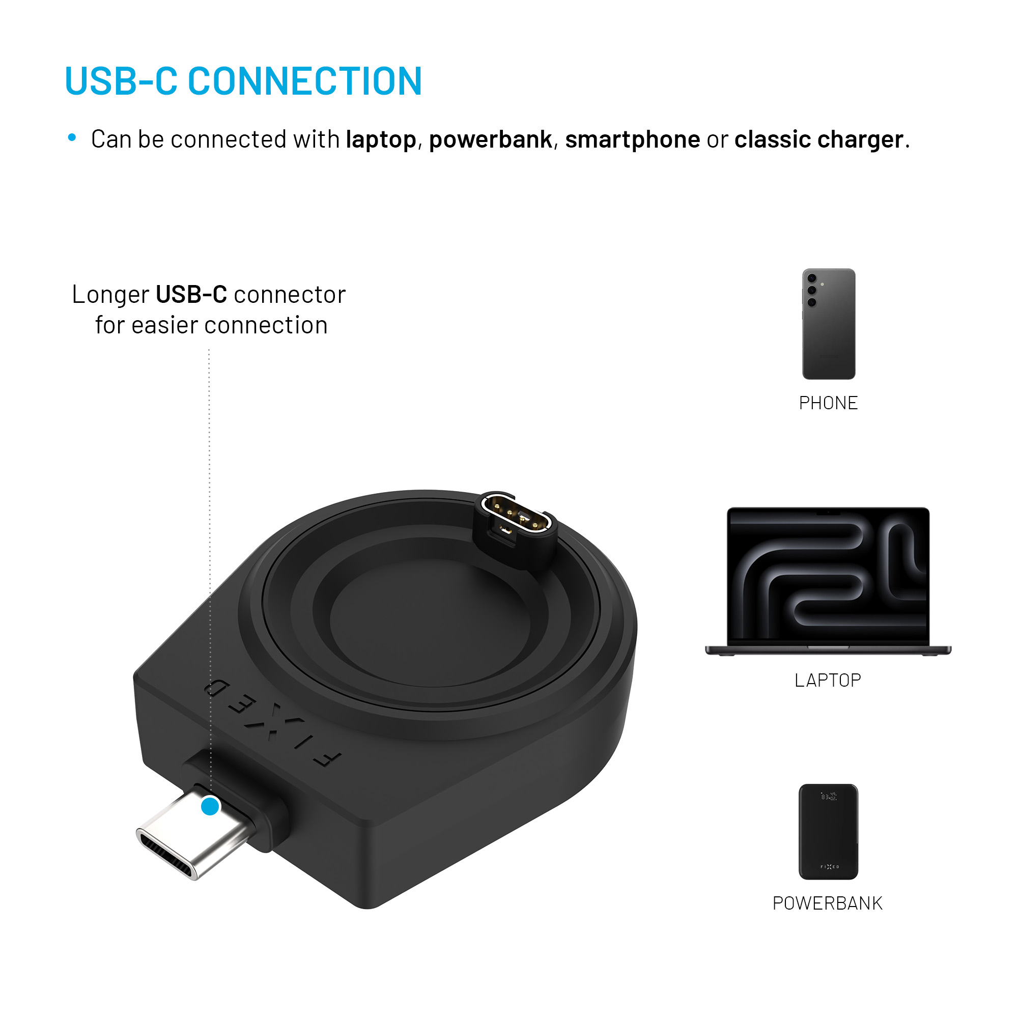 Schwarze Smartwatch-Ladestation mit USB-C-Stecker und Kompatibilitätssymbolen für Handy, Laptop und Powerbank.