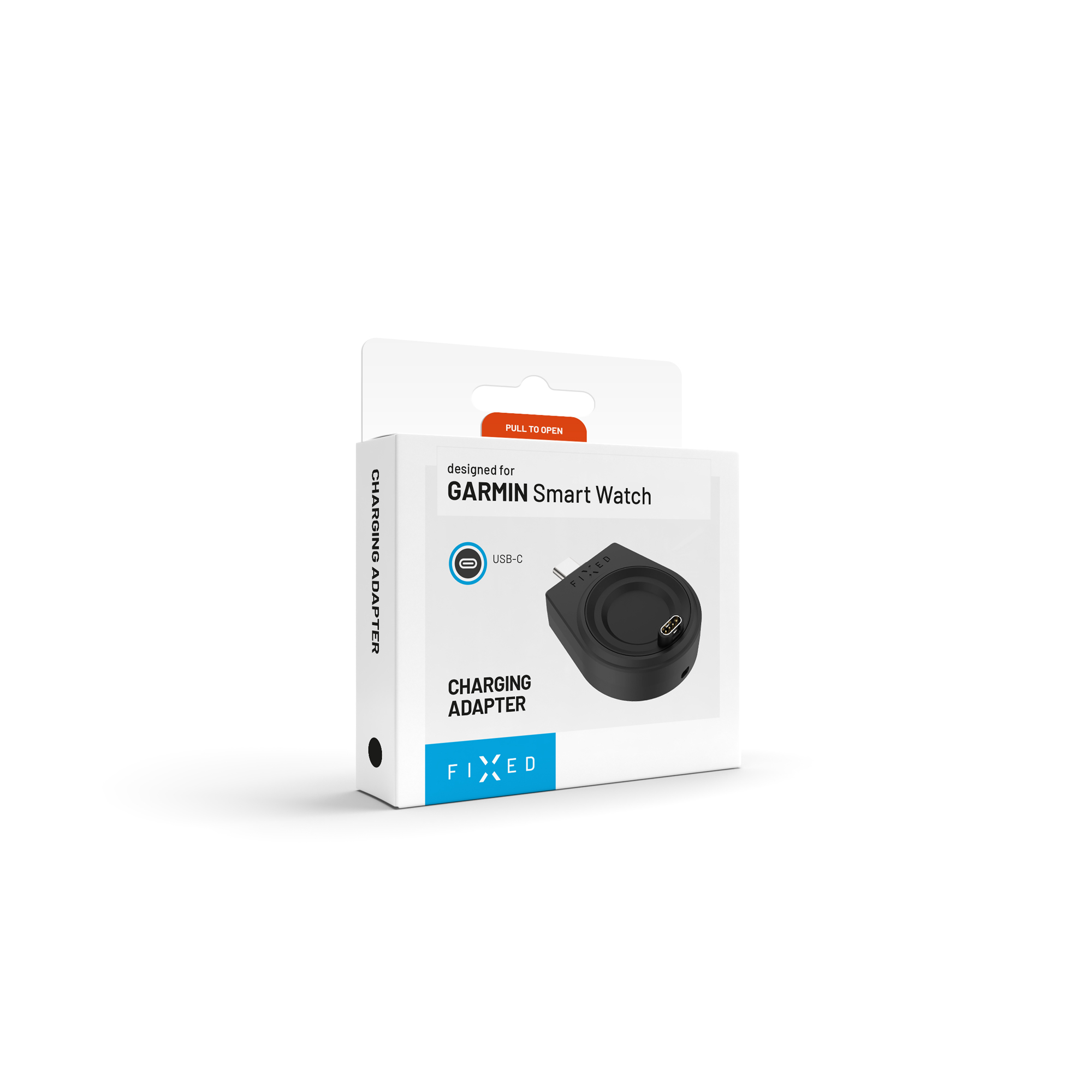 Produktverpackung eines schwarzen USB-C Ladeadapters für Garmin Smartwatches auf weißem Hintergrund.