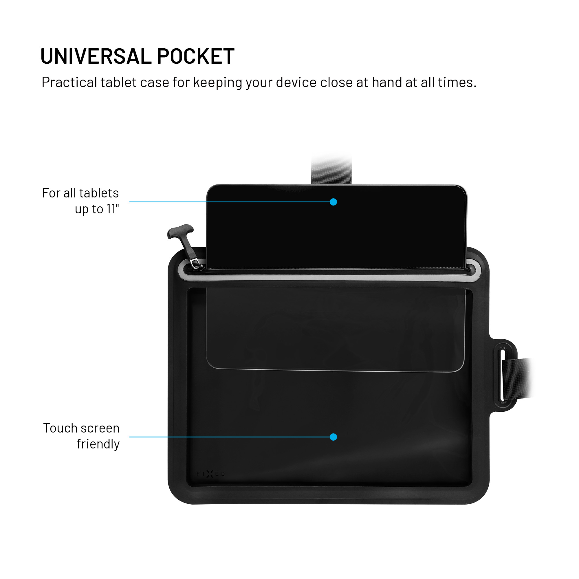 Schwarze Universaltabletttasche mit klarem, touch-freundlichem Fenster und Reißverschluss, mit Texten zu den Funktionen.