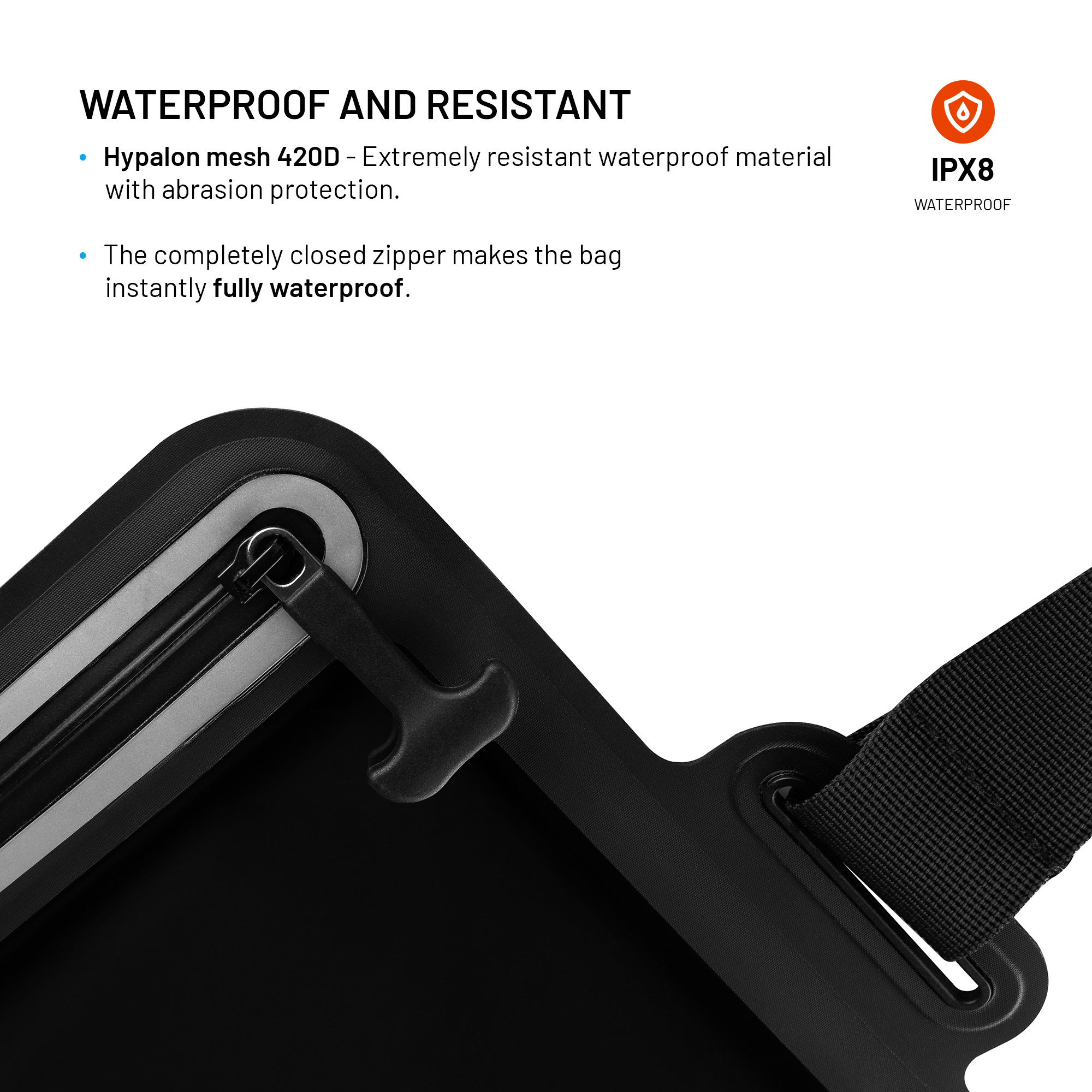 Nahaufnahme einer schwarzen wasserdichten Tasche mit versiegeltem Reißverschluss und IPX8-Logo.