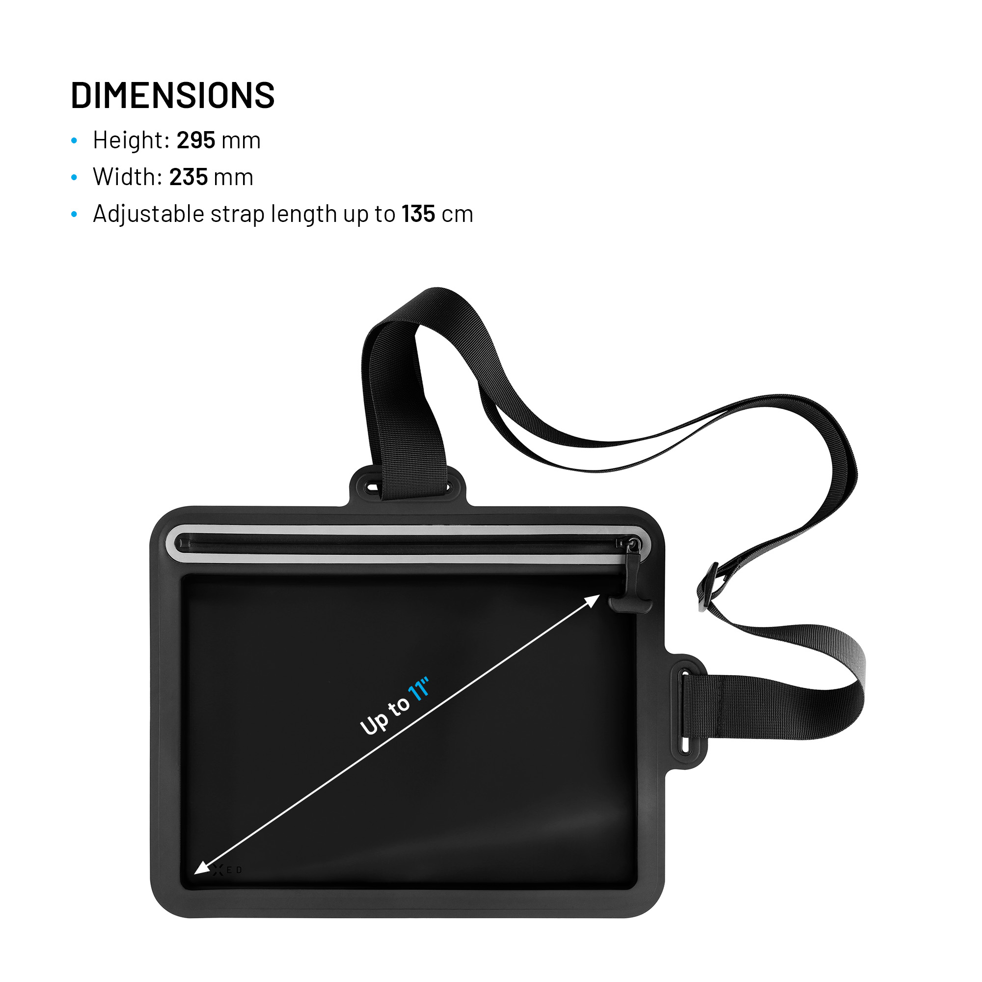 Wasserdichte Tasche mit Abmessungen, verstellbarem Gurt und Diagonalanzeige bis 11 Zoll.