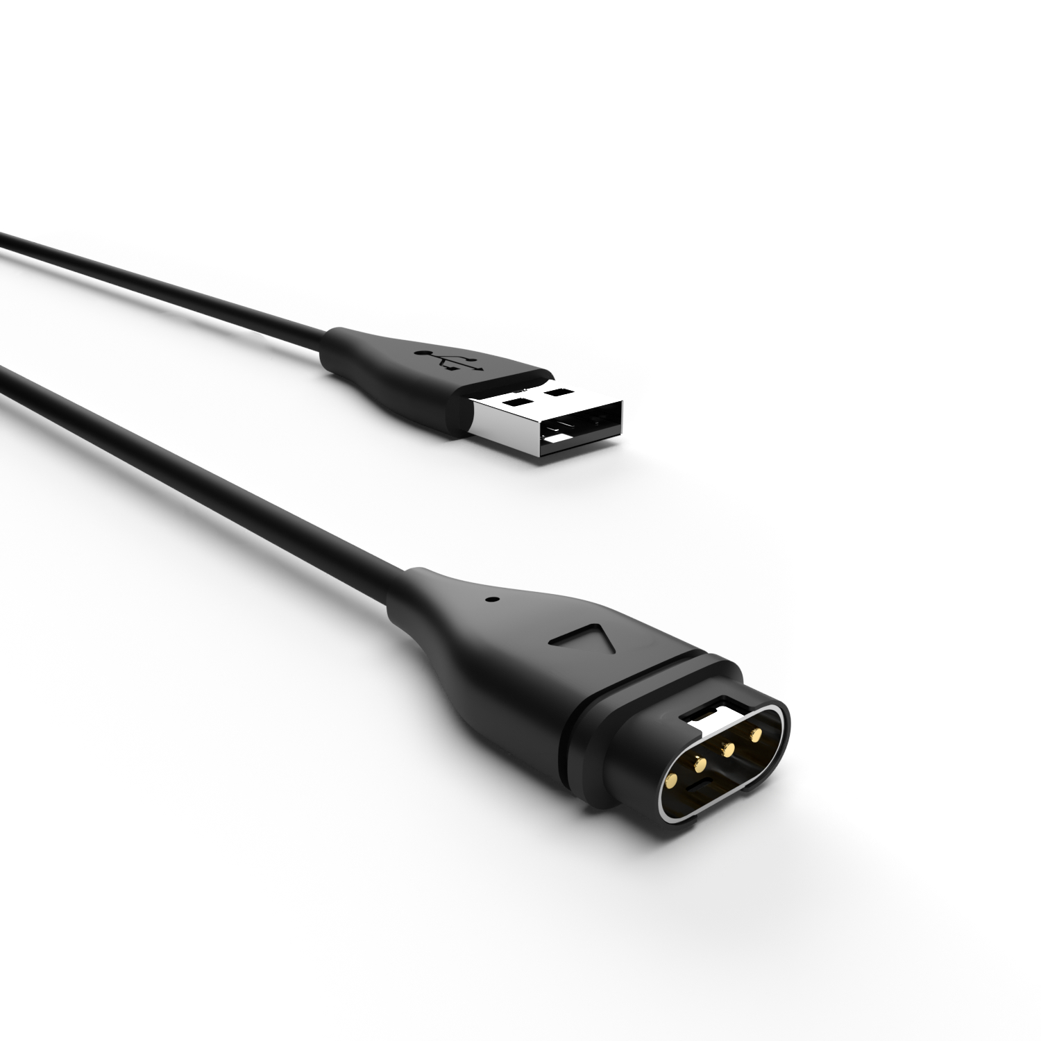 Ein schwarzes Ladekabel mit USB-A-Anschluss und magnetischem 4-Pin-Stecker auf weißem Hintergrund.