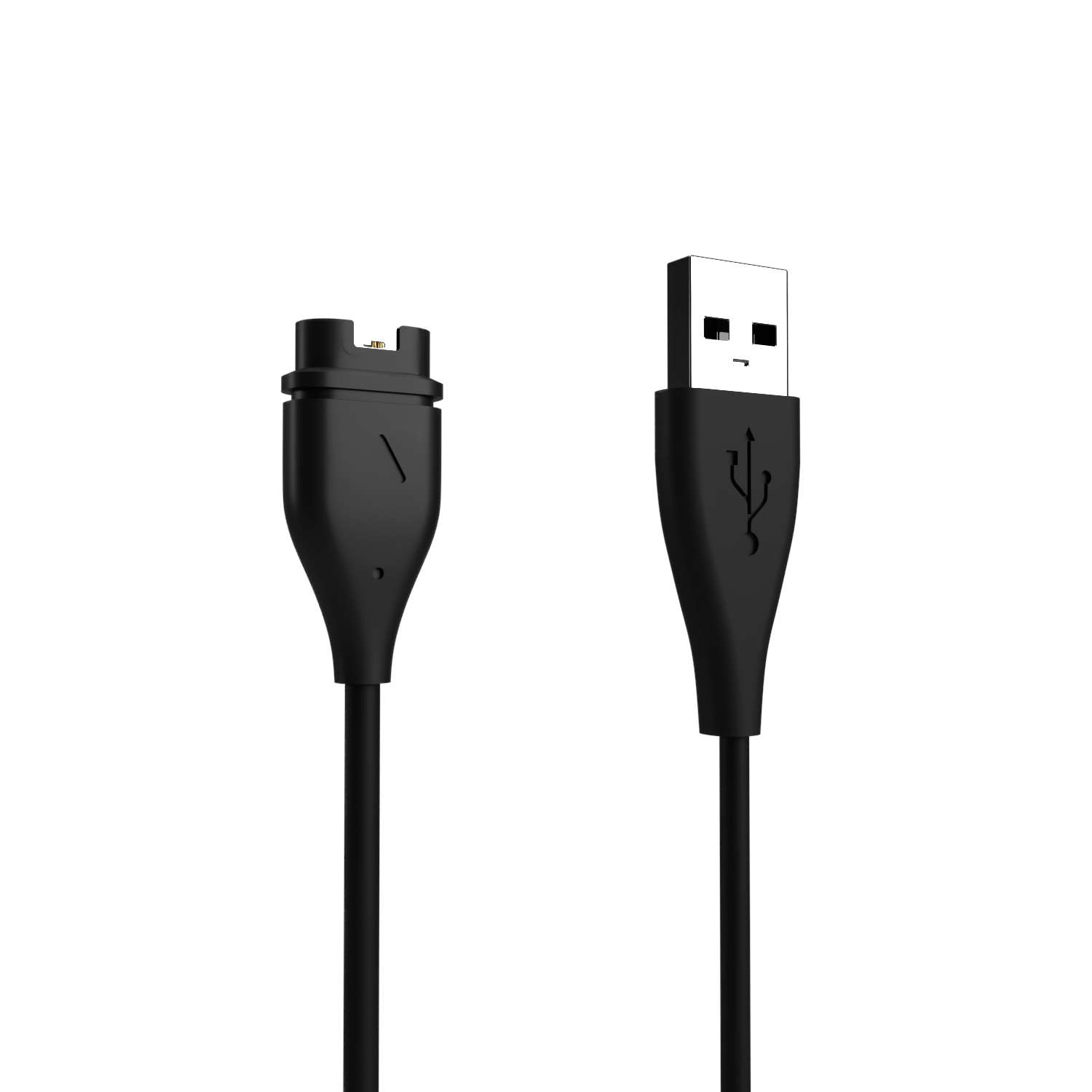 Ein schwarzes Ladekabel mit einem USB-Anschluss rechts und einem speziellen magnetischen Stecker links.