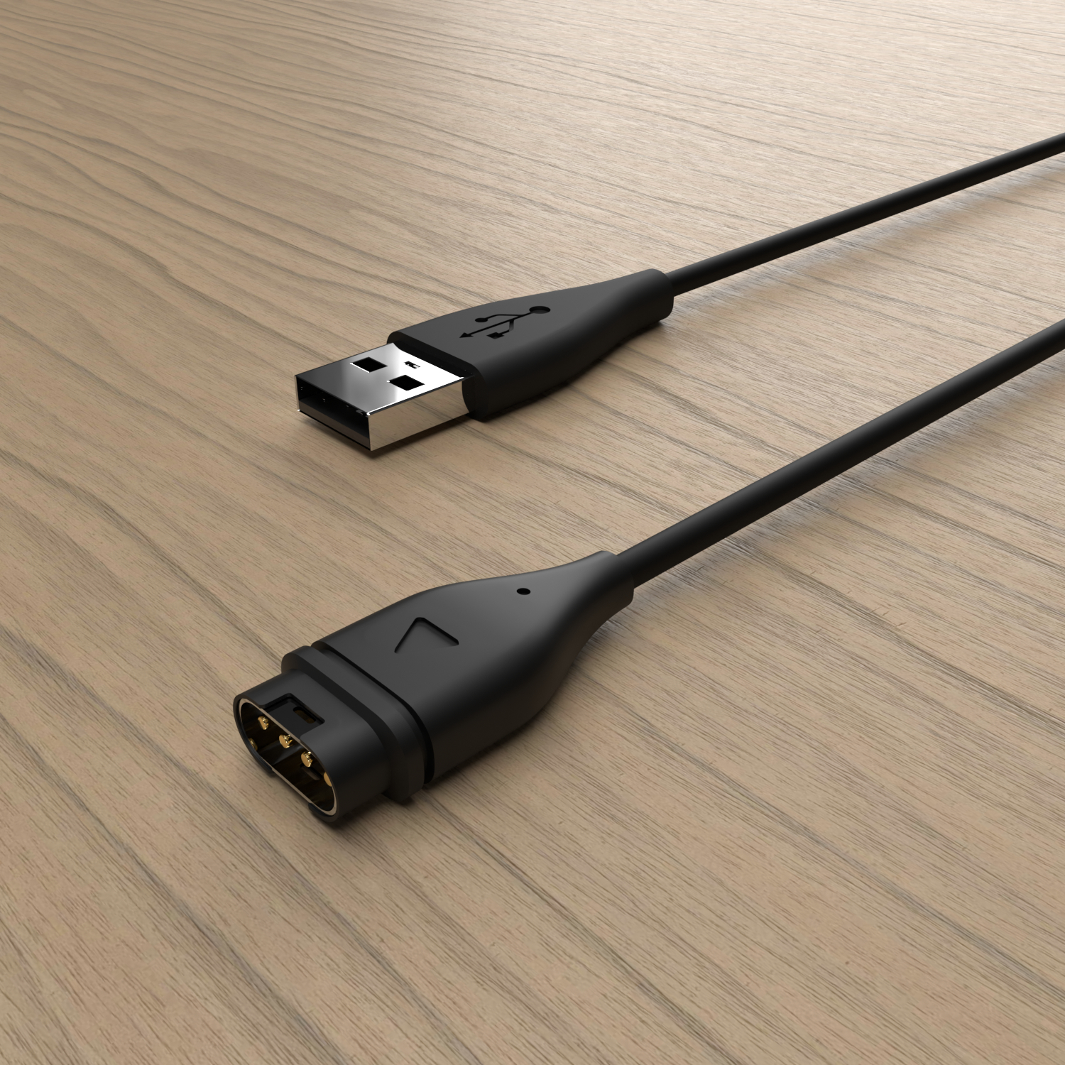 Ein schwarzes USB-Kabel mit einem Standard-USB-A-Stecker und einem proprietären mehrpoligen Magnetstecker auf Holz.