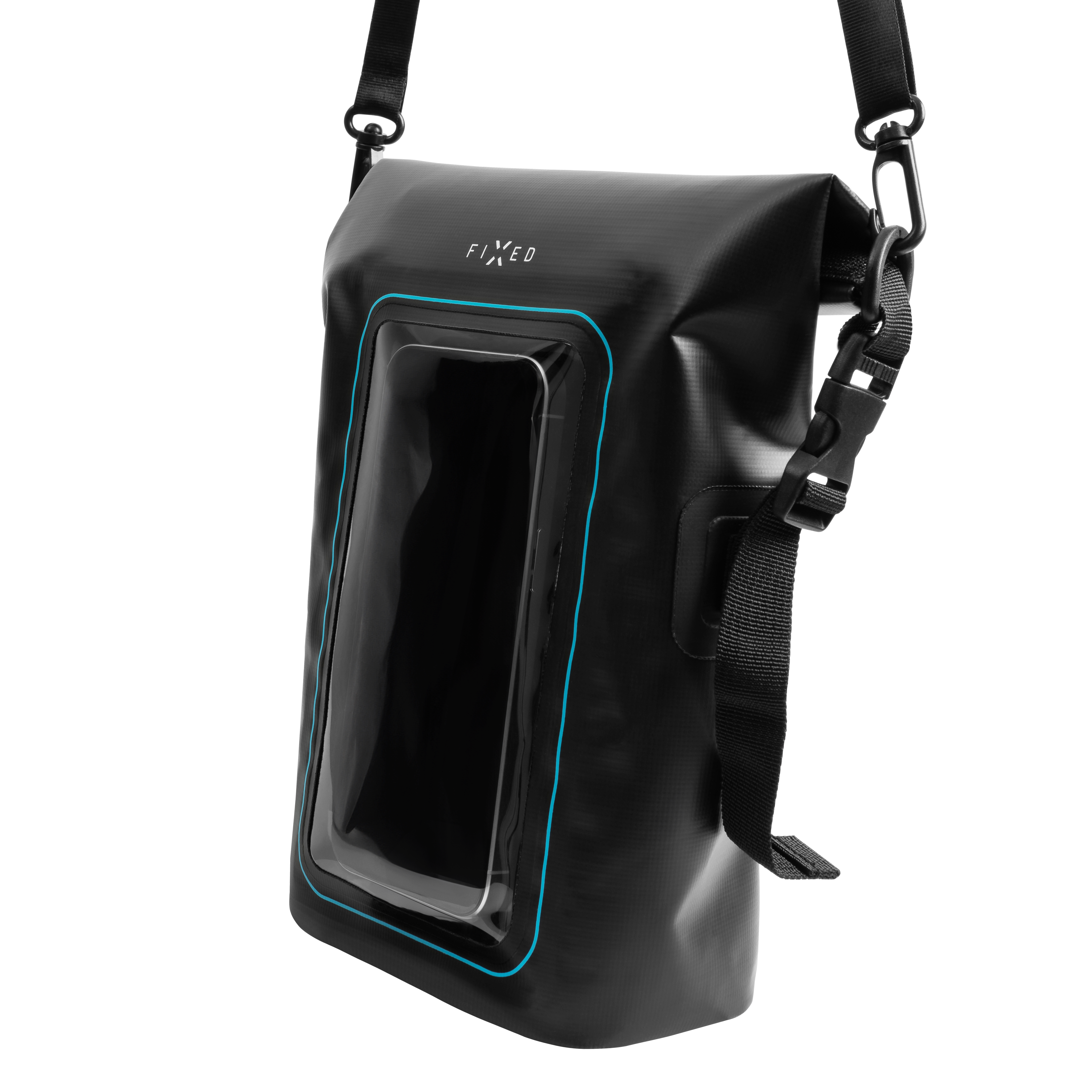 Schwarze wasserdichte Tasche mit klarem Sichtfenster und schwarzem Schultergurt vor weißem Hintergrund.
