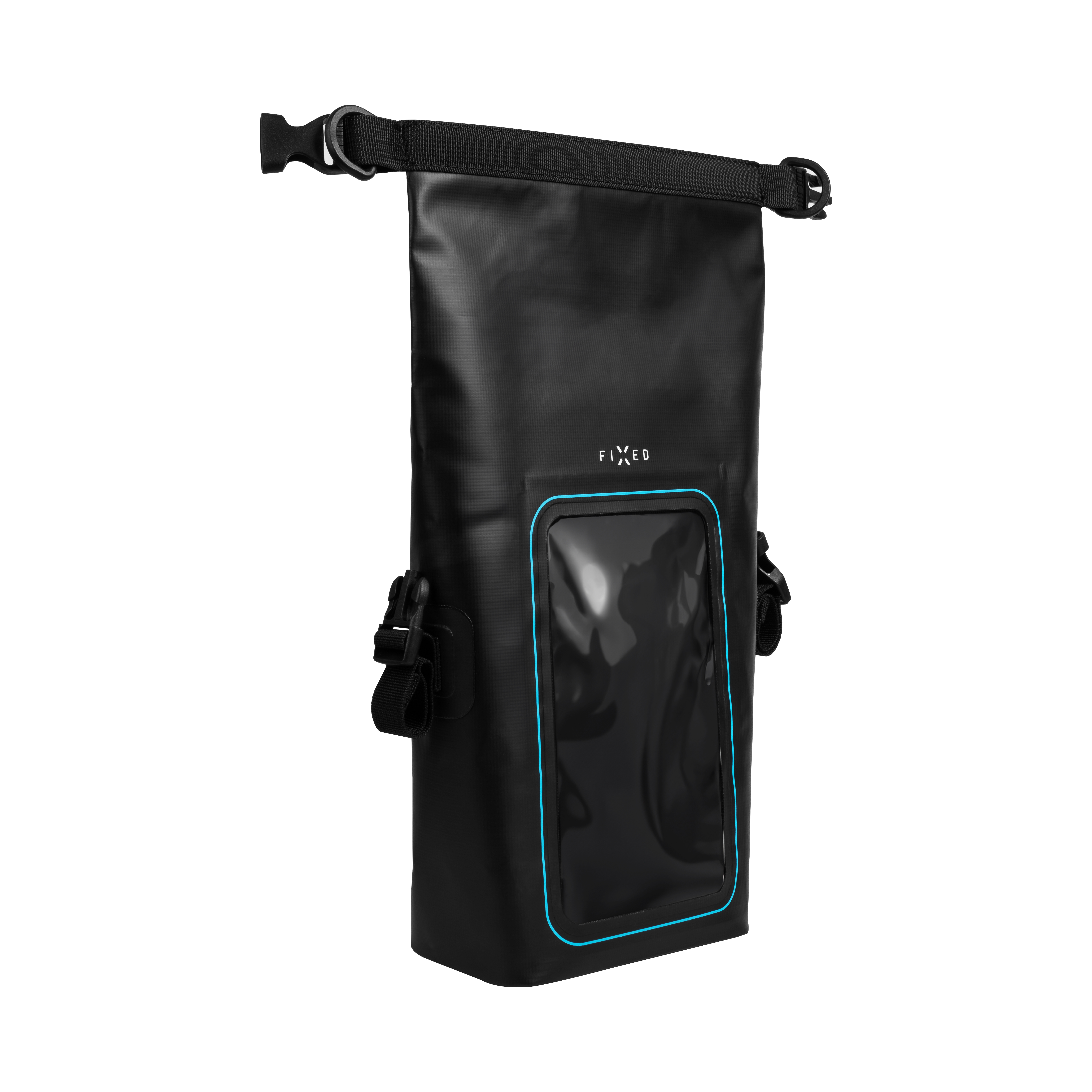 Schwarze wasserdichte Tasche mit Rollverschluss, blau umrandetem Sichtfenster und FIXED-Logo auf weißem Hintergrund.