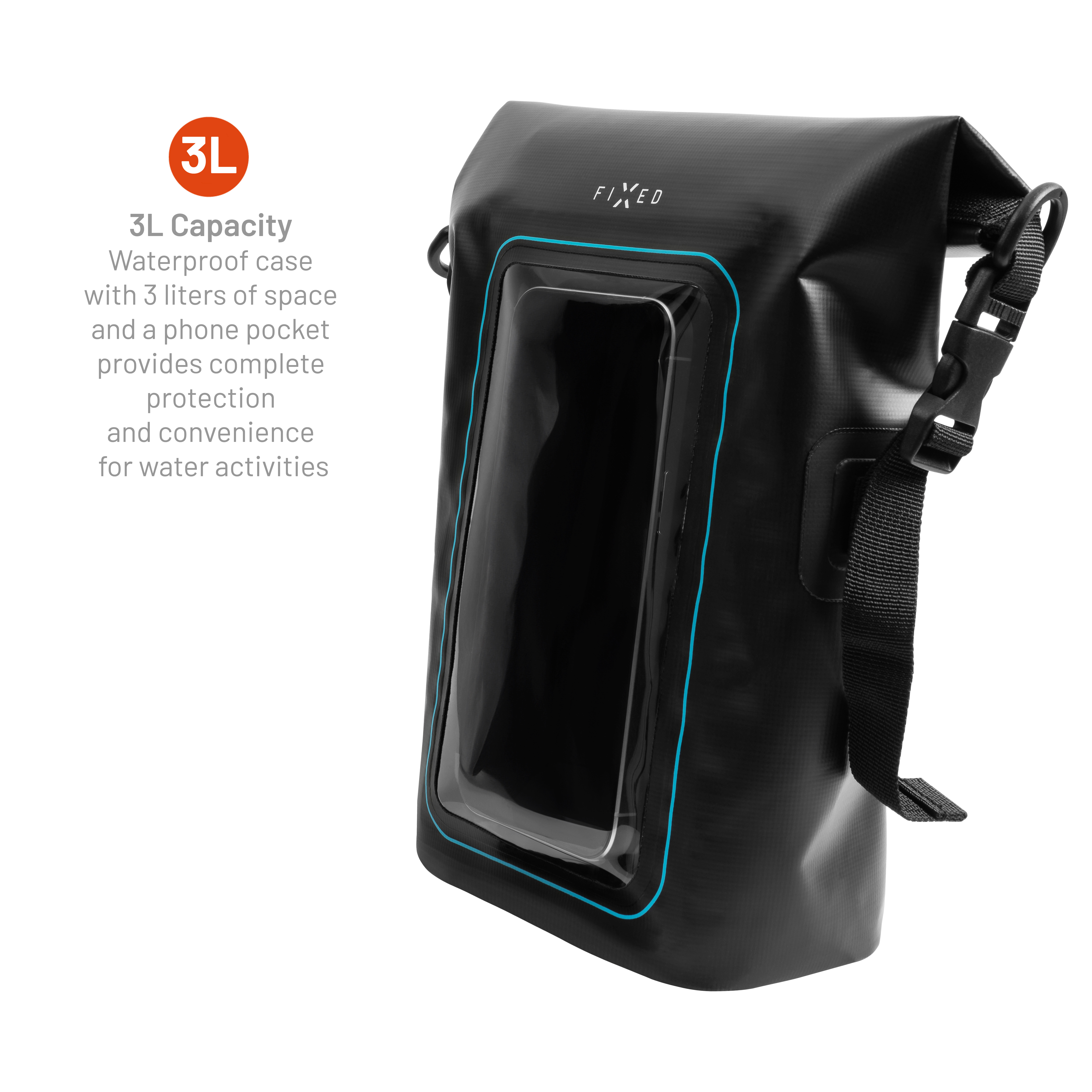 Eine schwarze 3L wasserdichte Tasche mit klarem Sichtfenster und Schultergurt.