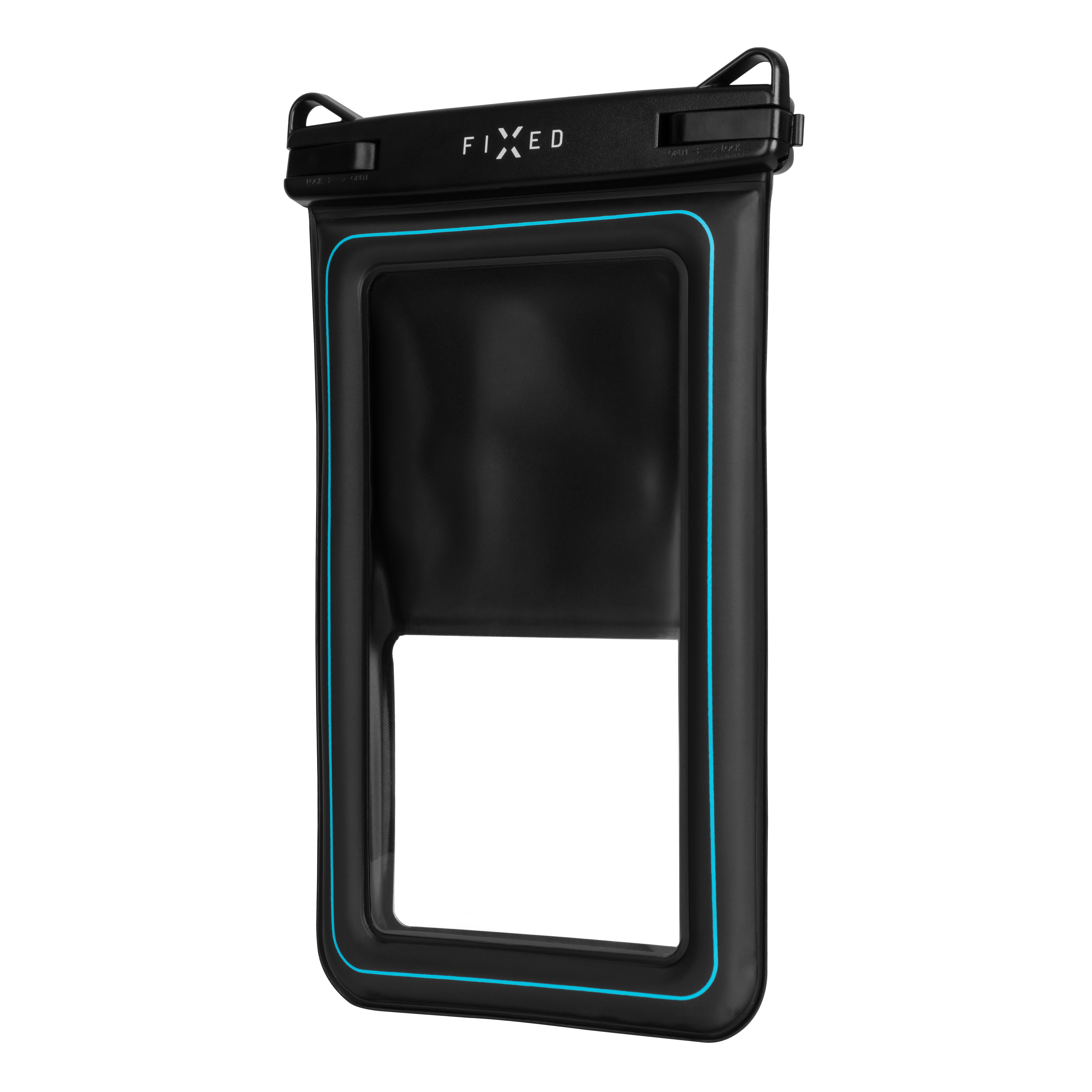 Schwarze, wasserdichte Handytasche mit blauer Umrandung und Verschlusskappe oben.
