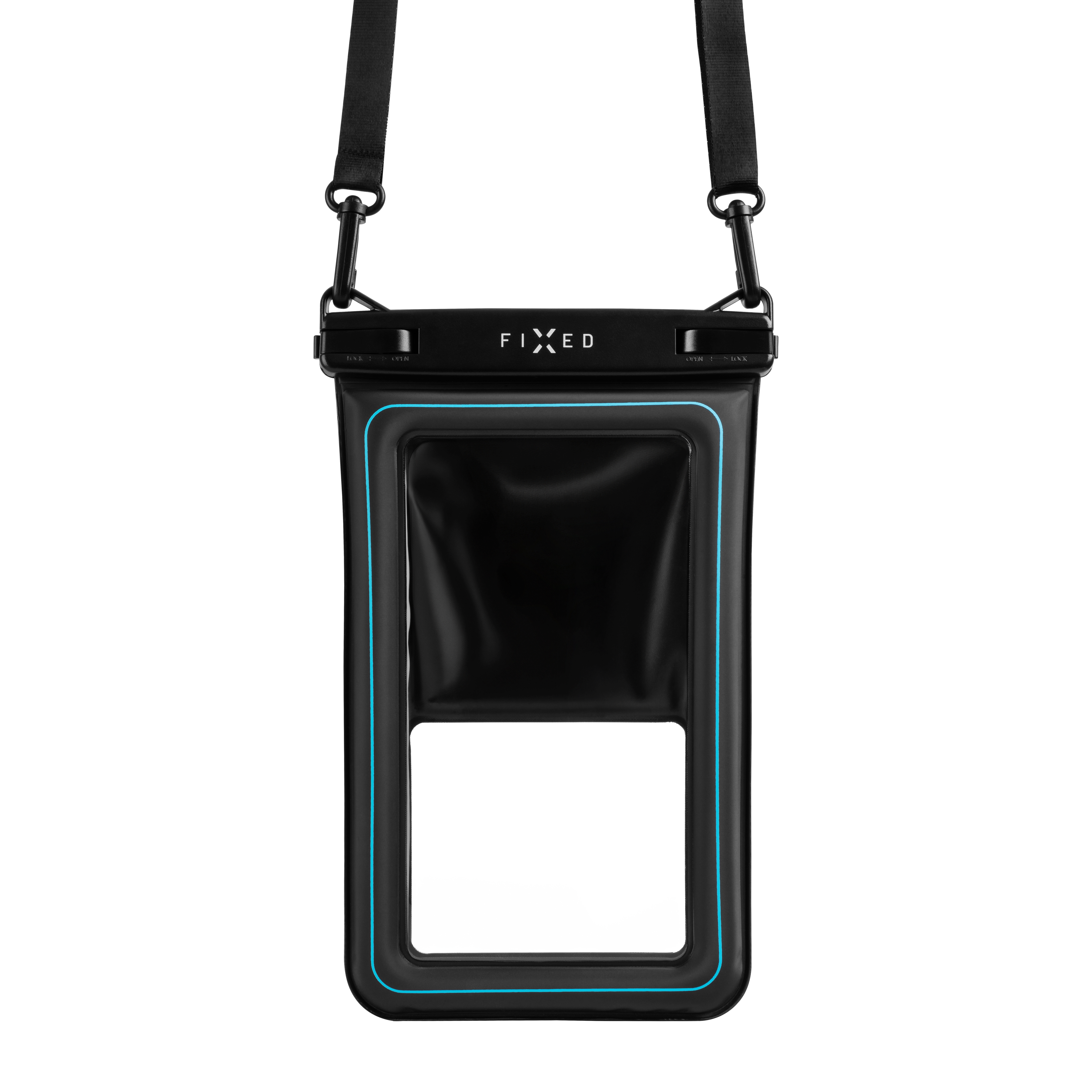 Wasserdichte schwarze Handytasche mit einem Gurt und blauer Umrandung vor einem weißen Hintergrund.