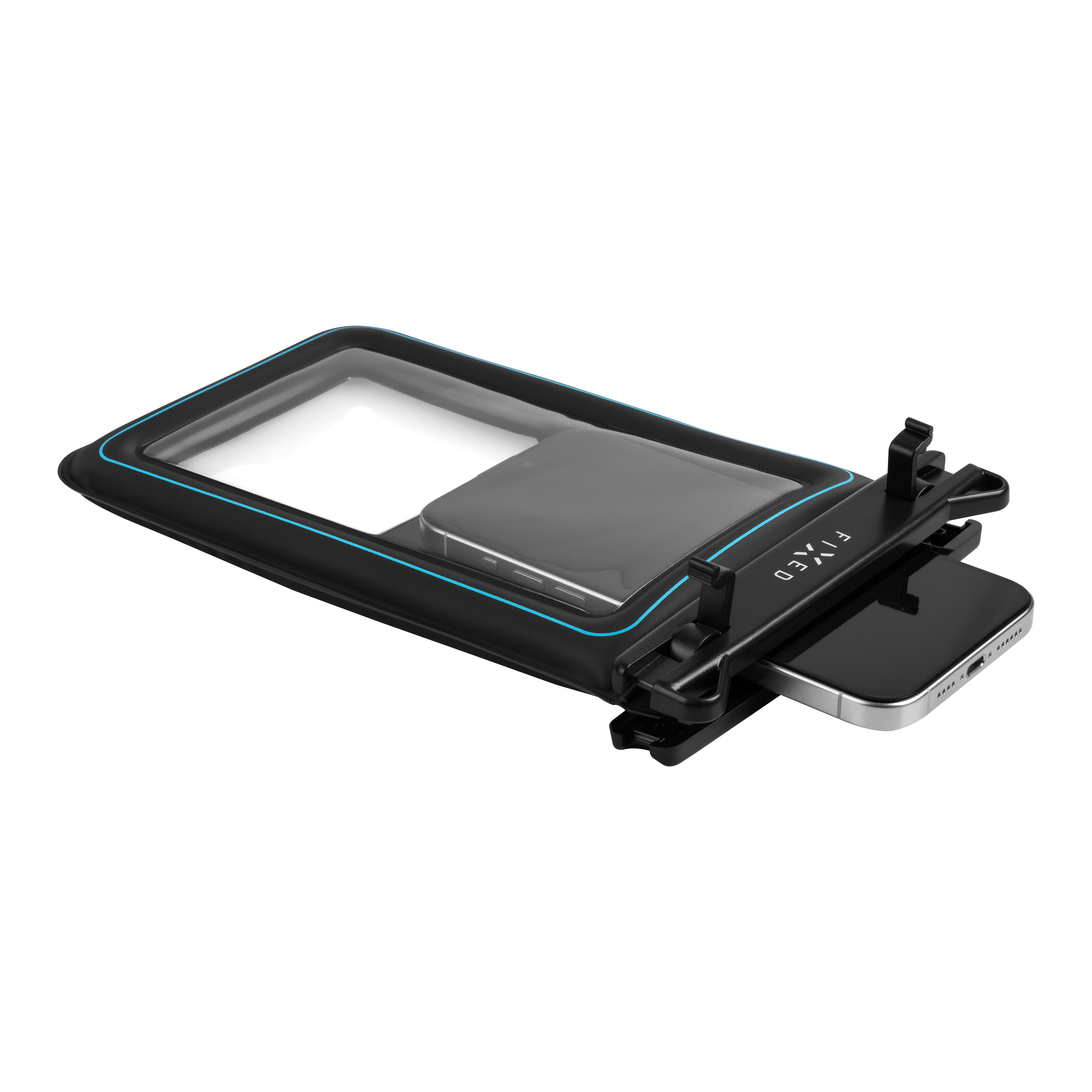 Wasserdichte Handytasche in Schwarz mit blauer Umrandung und einer Smartphone-Halterung.