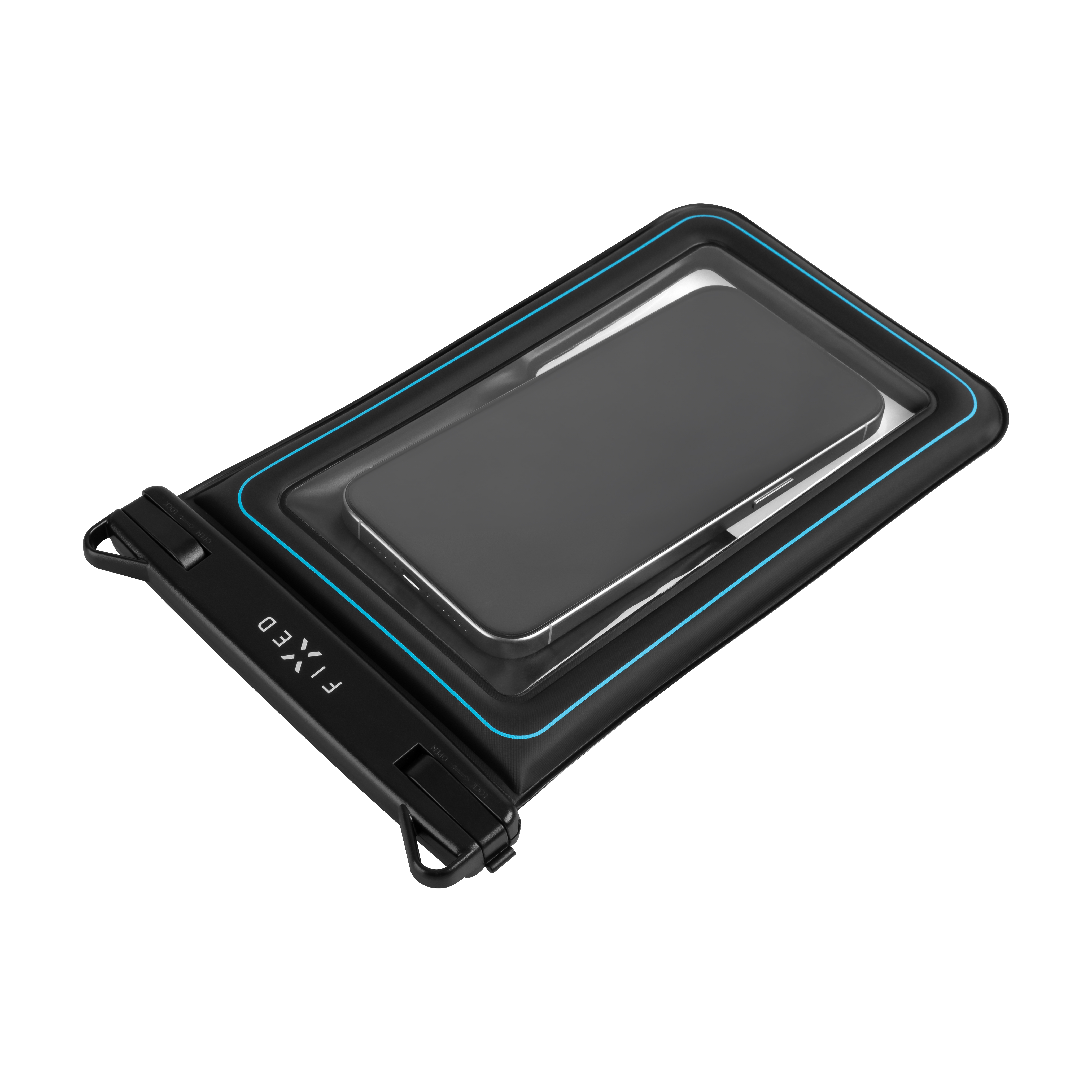 Eine schwarze wasserdichte Handytasche mit blauem Rand und einem Smartphone im Inneren auf weißem Hintergrund.