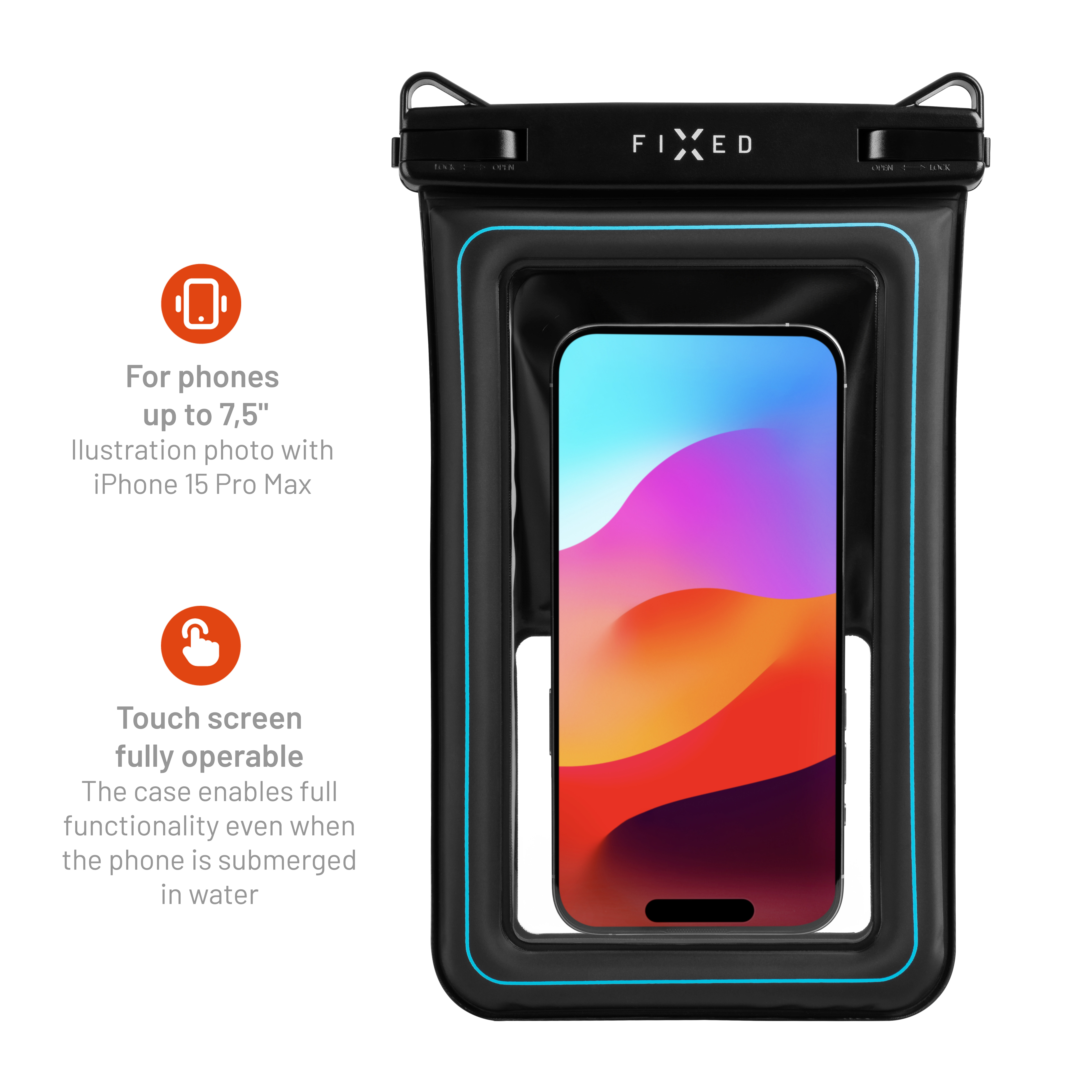 Wasserdichte schwarze Handytasche mit Display und erklärendem Text.