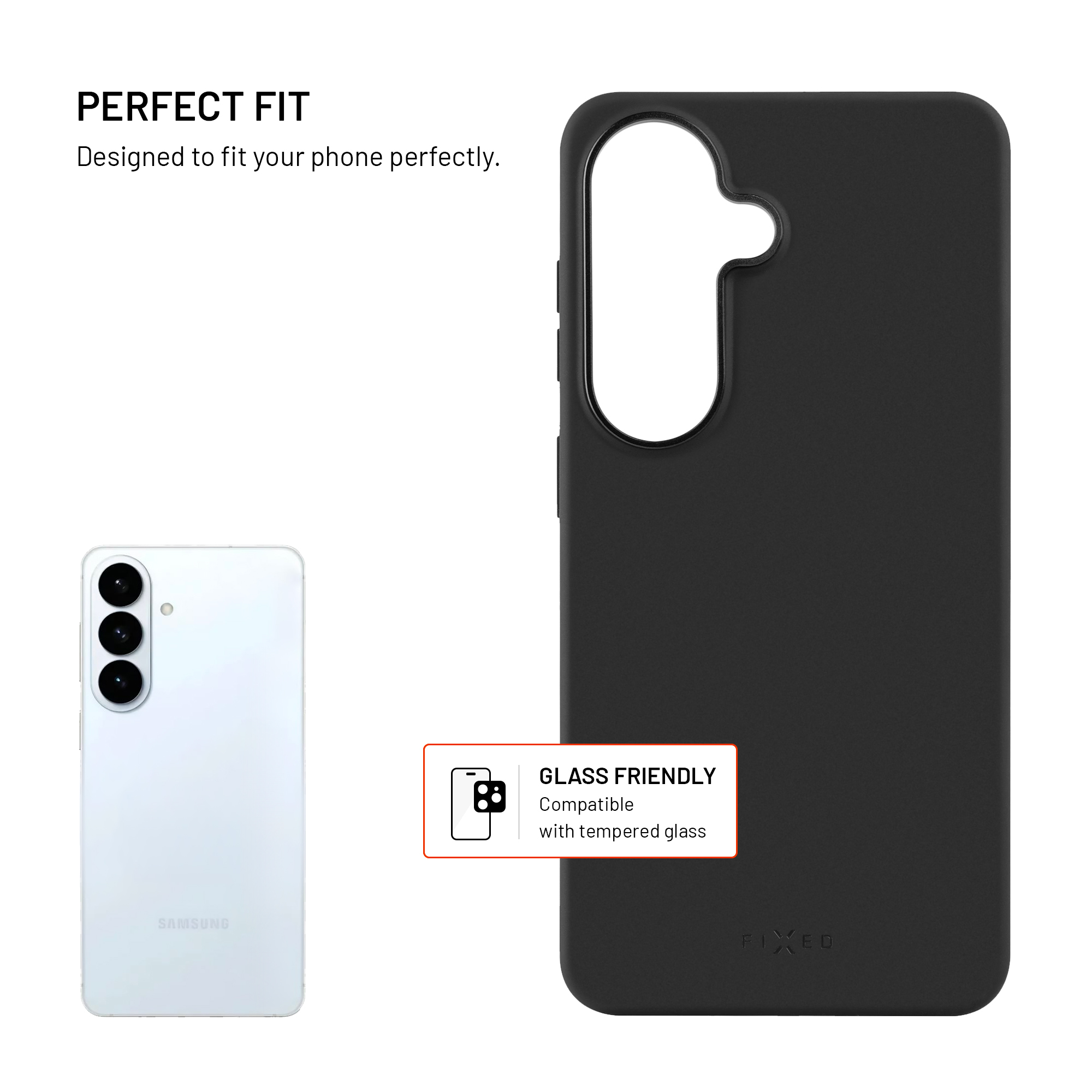 Schwarze Schutzhülle neben einem weißen Smartphone und dem Text "Perfect Fit".