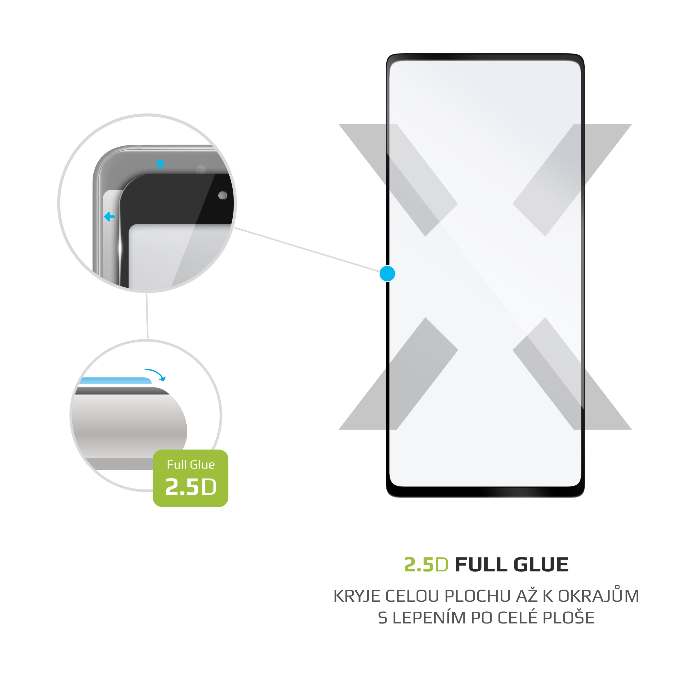 Diagramm zeigt einen 2.5D Full Glue Displayschutz aus Tempered Glass für ein Smartphone mit Rand-zu-Rand-Abdeckung.