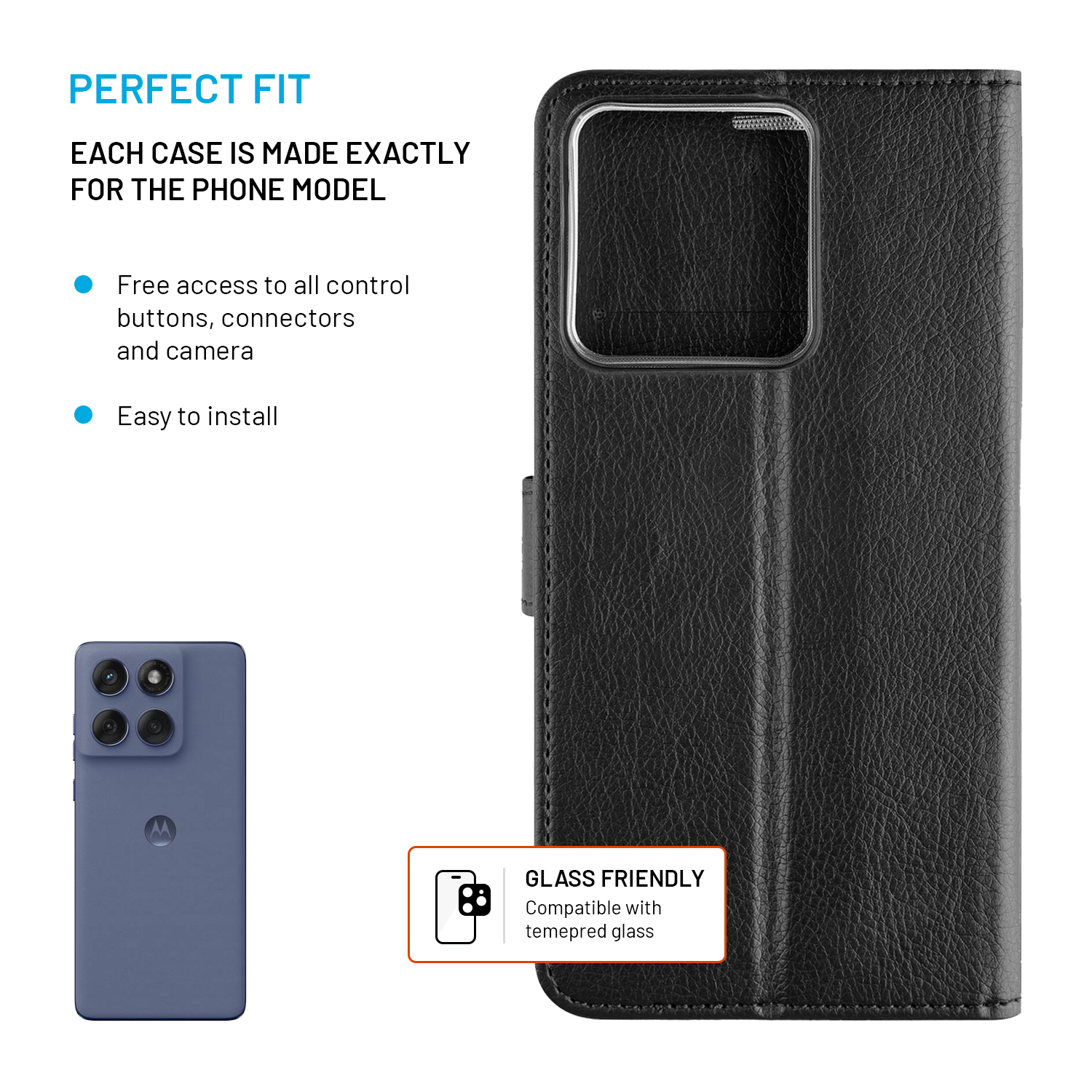 Schwarze Leder-Handyhülle mit Text über perfekte Passform und Kompatibilität.