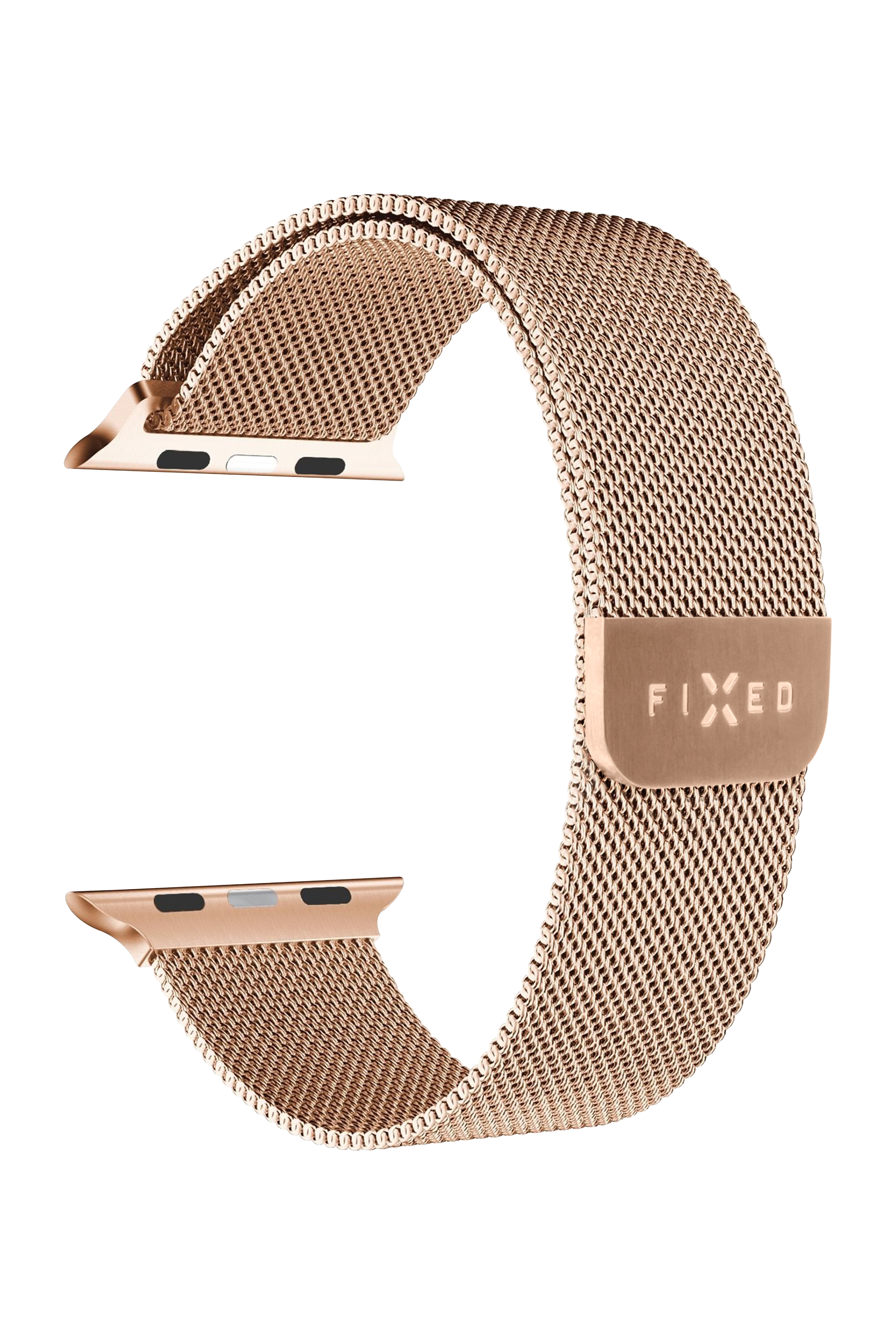 Rosegoldenes Mesh-Uhrenarmband mit einer FIXED-Schließe auf weißem Hintergrund.