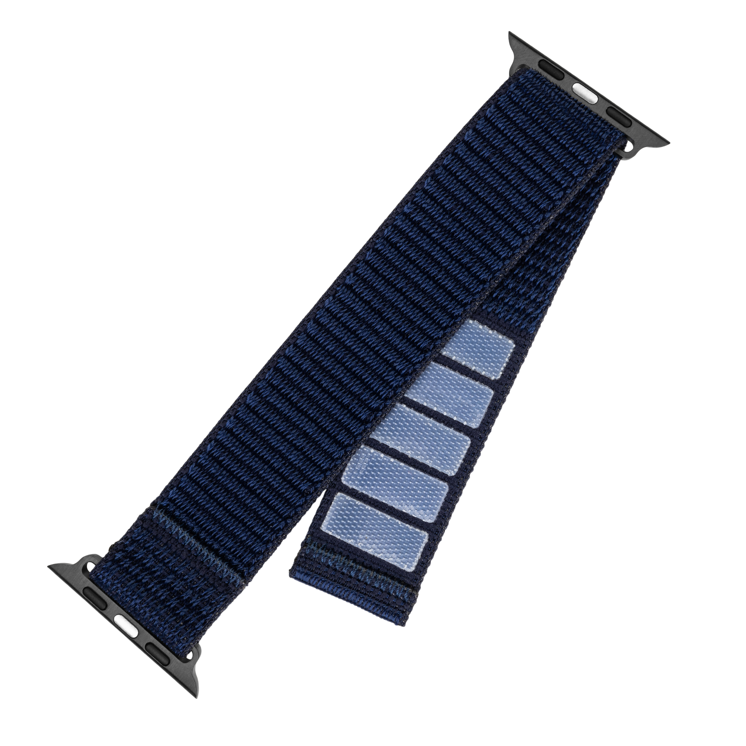 Dunkelblaues Nylon-Uhrenarmband mit schwarzen Anschlüssen vor weißem Hintergrund.