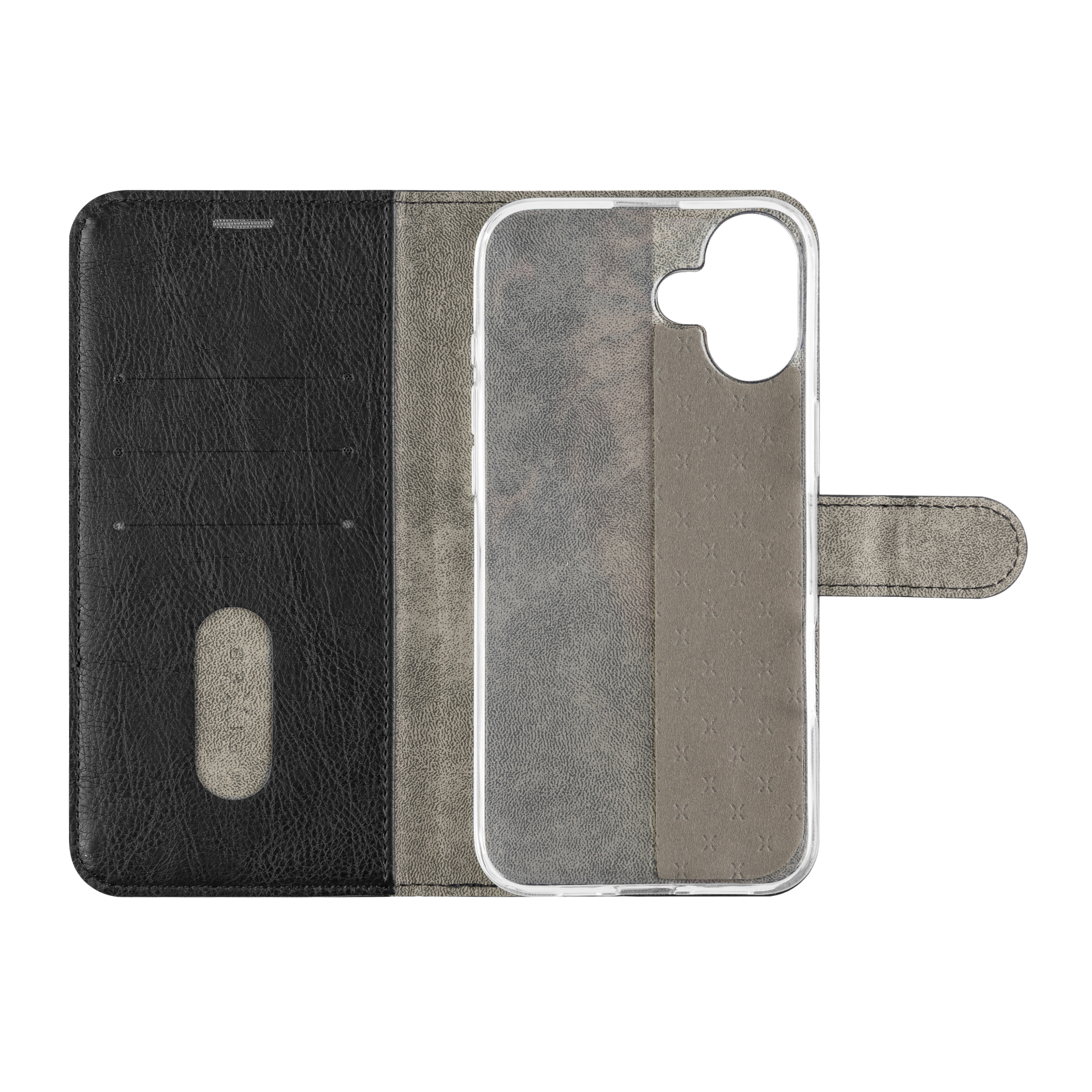 Offene schwarze und graue Leder-Handyhülle mit Kartenfächern und transparenter Halterung.