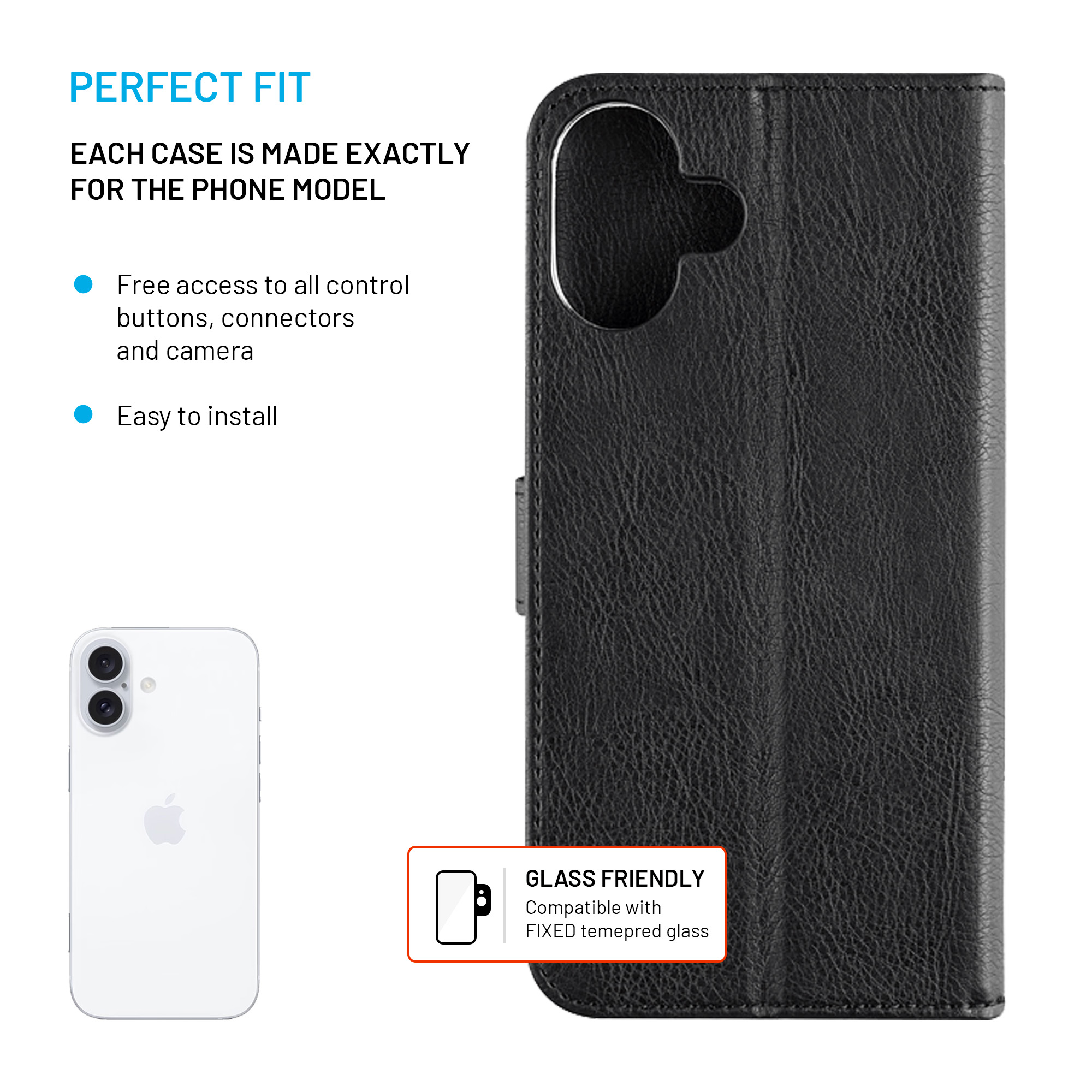 Schwarze Ledertasche für Smartphones mit Kameraaussparung und Text über perfekte Passform.