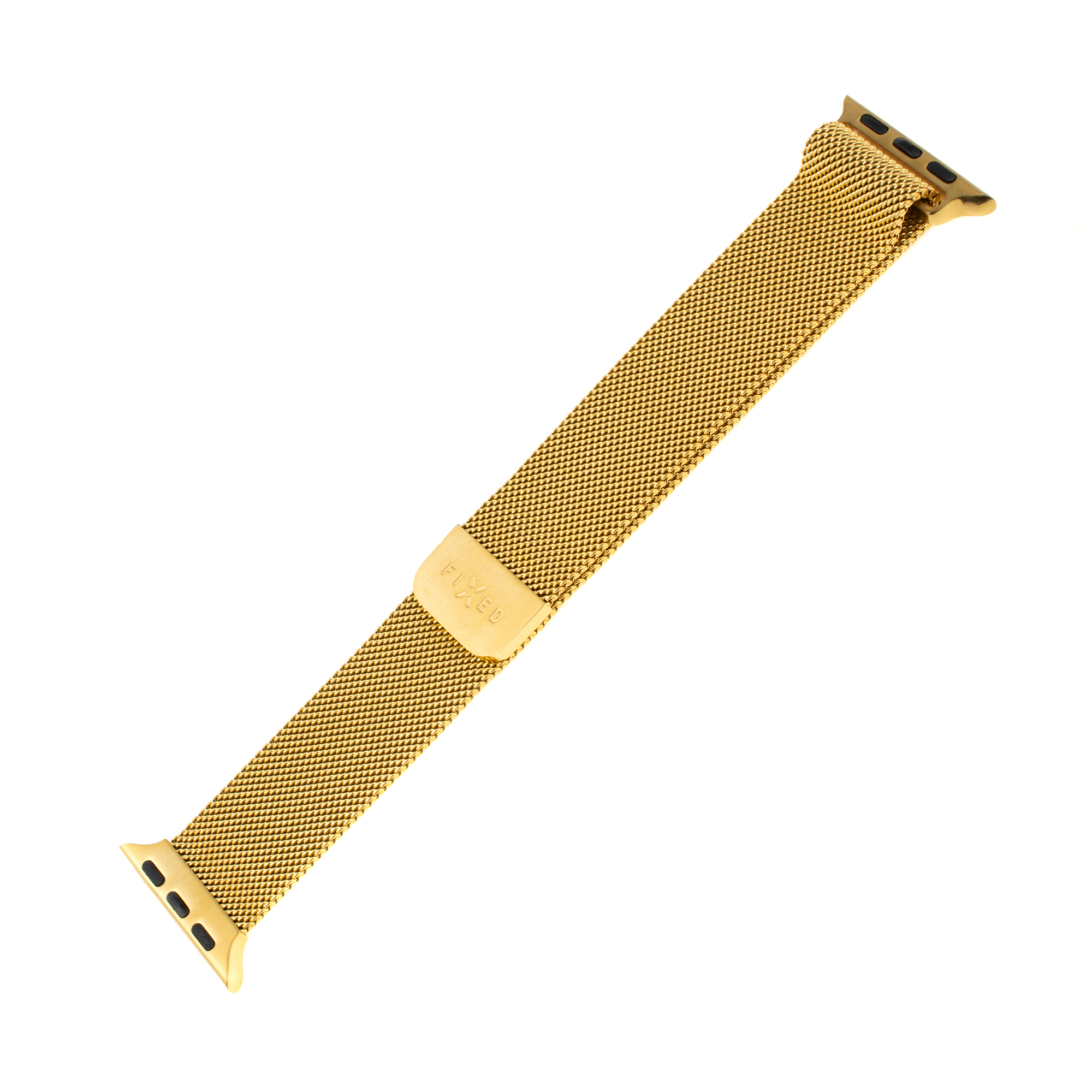 Goldfarbenes Mesh-Uhrenarmband mit einer kleinen Schließe auf weißem Hintergrund.