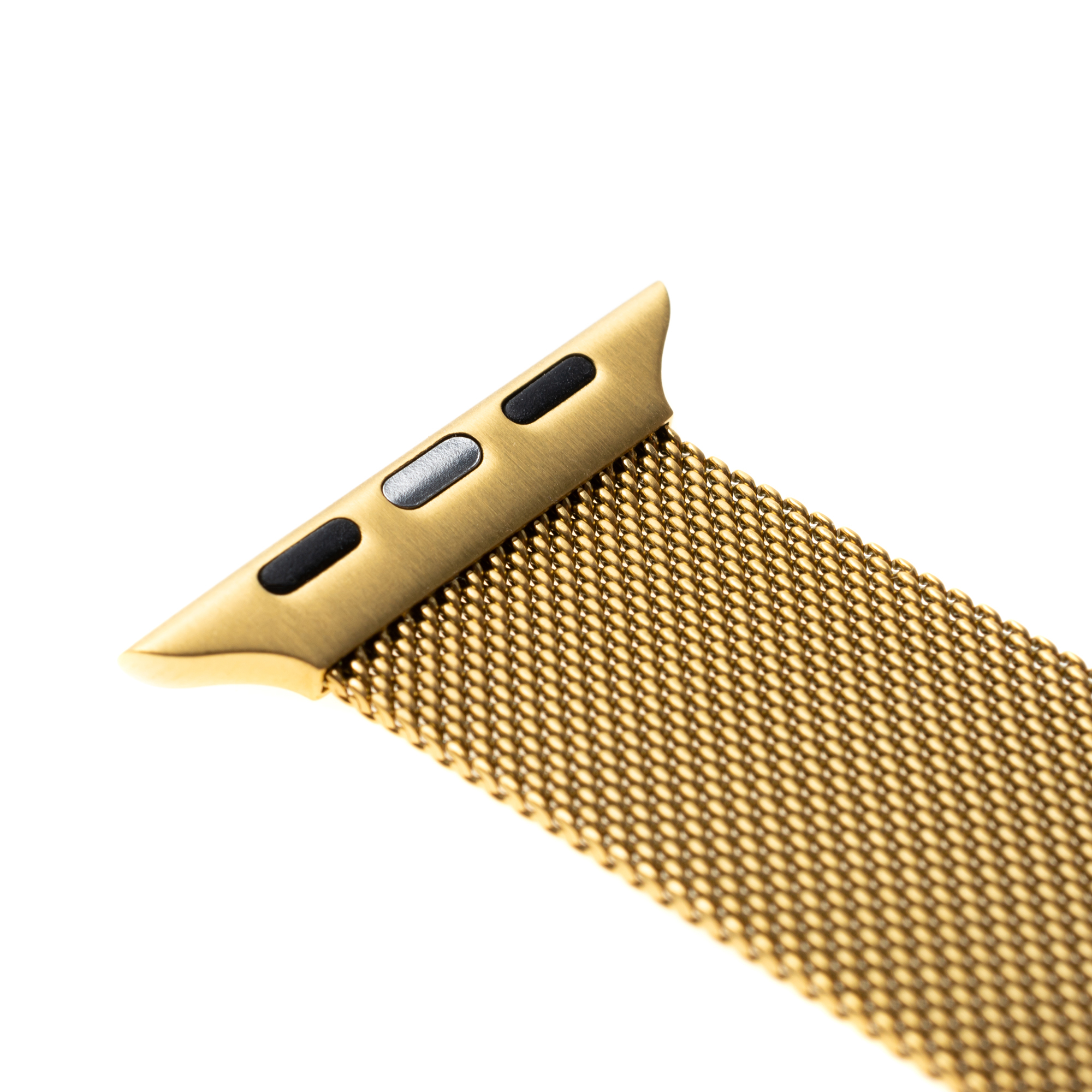 Goldenes Milanaise-Armband mit Adapter auf weißem Hintergrund.