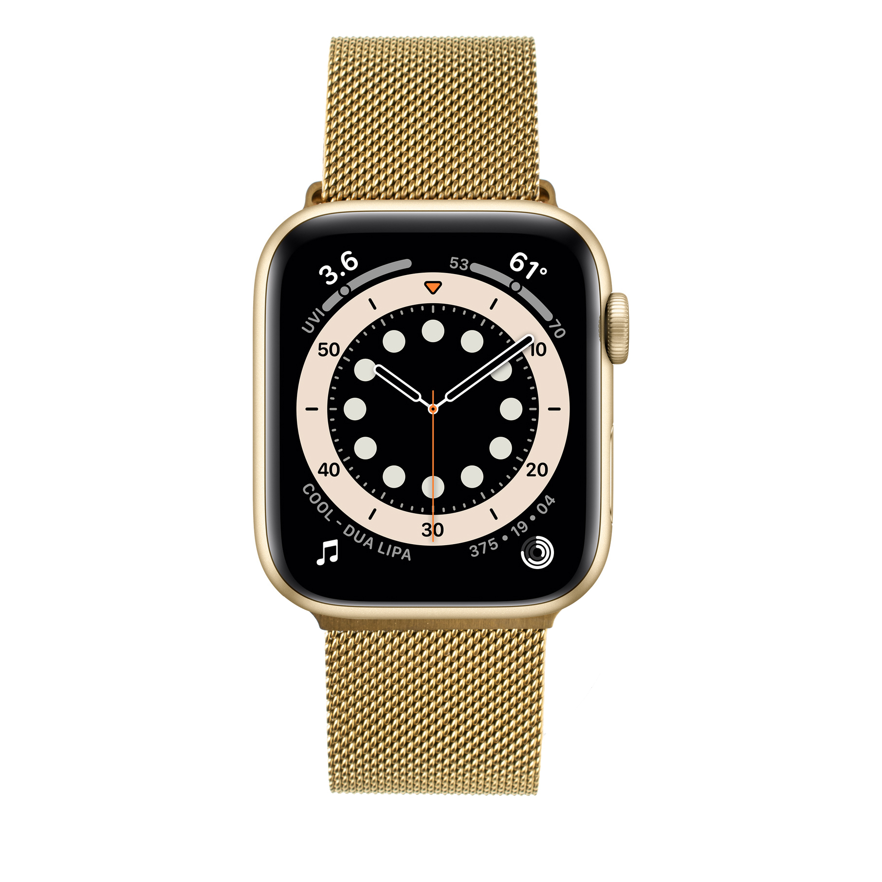 Eine goldene Smartwatch mit Milanaise-Armband und digitalem Zifferblatt auf weißem Hintergrund.