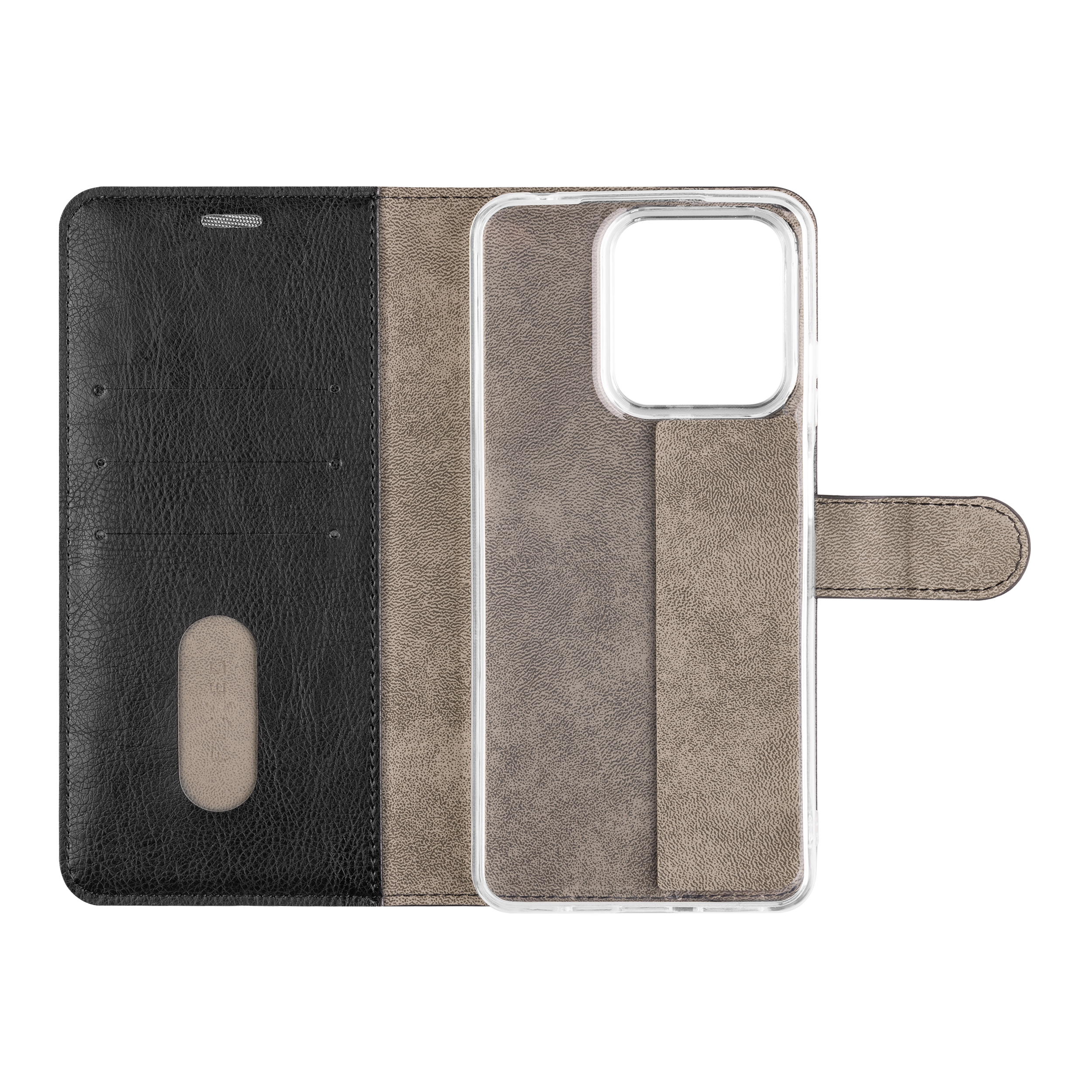 Offene schwarz-graue Handy-Klapphülle aus Leder mit Kartenfächern und Magnetverschlusslasche auf weißem Grund.