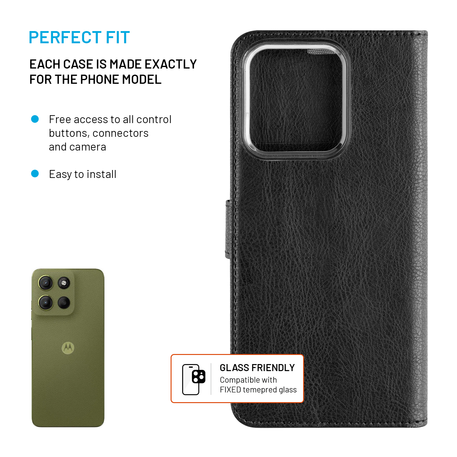 Schwarze Leder-Handyhülle mit Kameraaussparung, daneben ein grünes Smartphone und Text zur passgenauen Form.