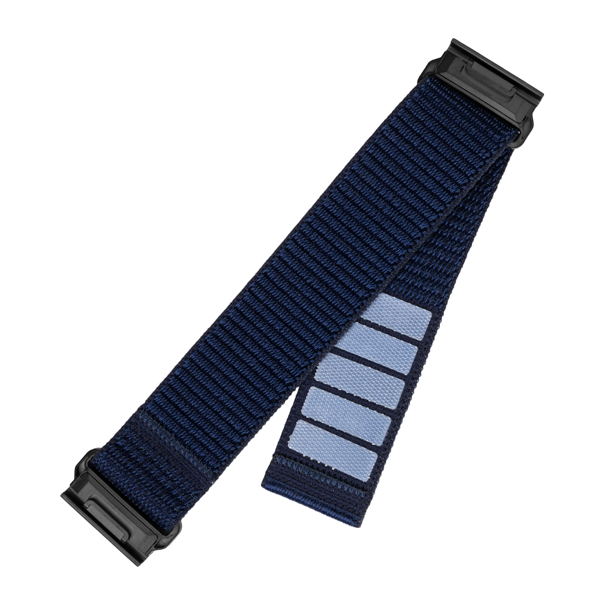 Dunkelblaues Nylon-Uhrenarmband mit schwarzen Schliessen und hellen Streifen.