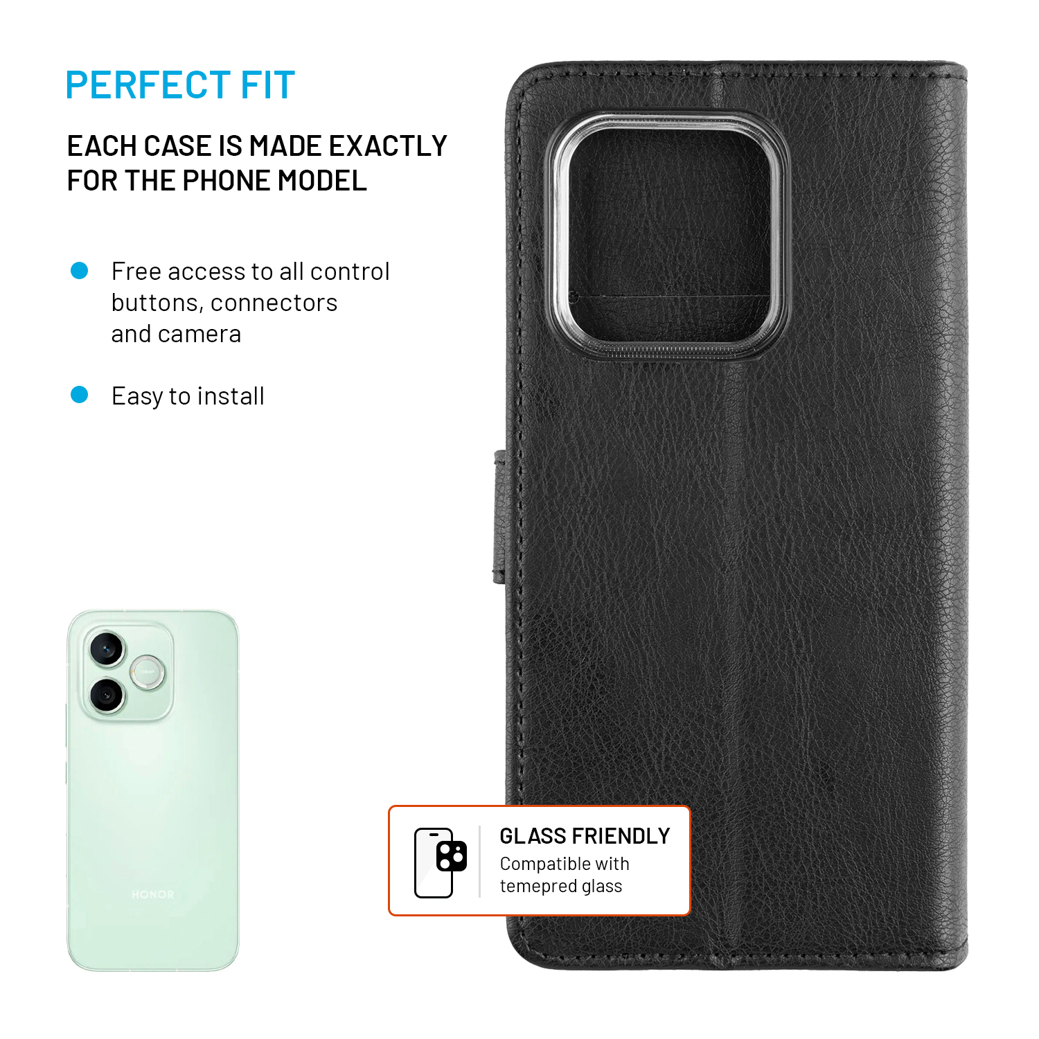 Eine schwarze Leder-Handyhülle und ein hellgrünes Honor-Telefon mit Text-Highlights zu Passform und Funktionen.