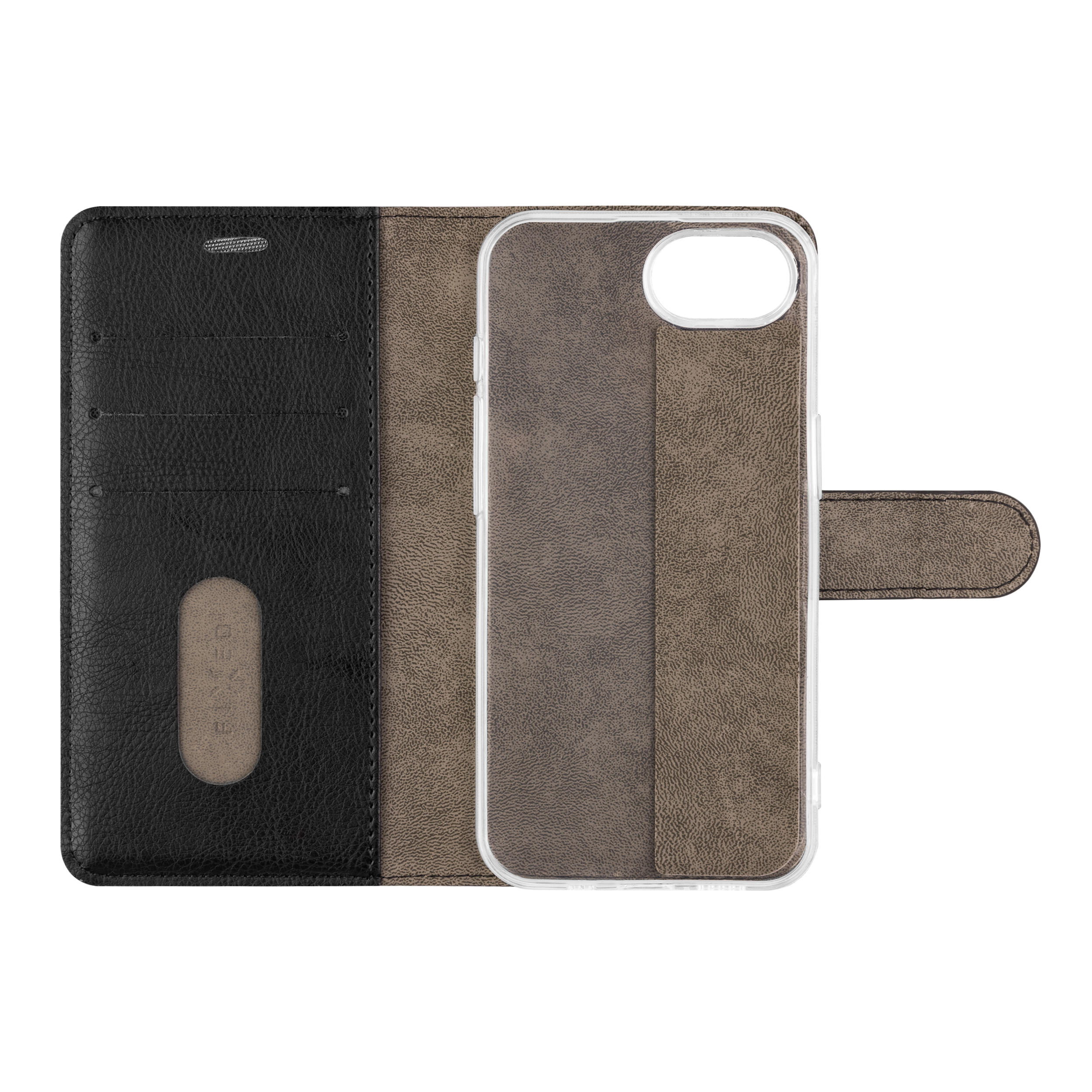 Ein offenes schwarzes und braunes Leder-Geldbörsen-Handycover mit Kartenfächern und klarer Innenschale auf weißem Grund.