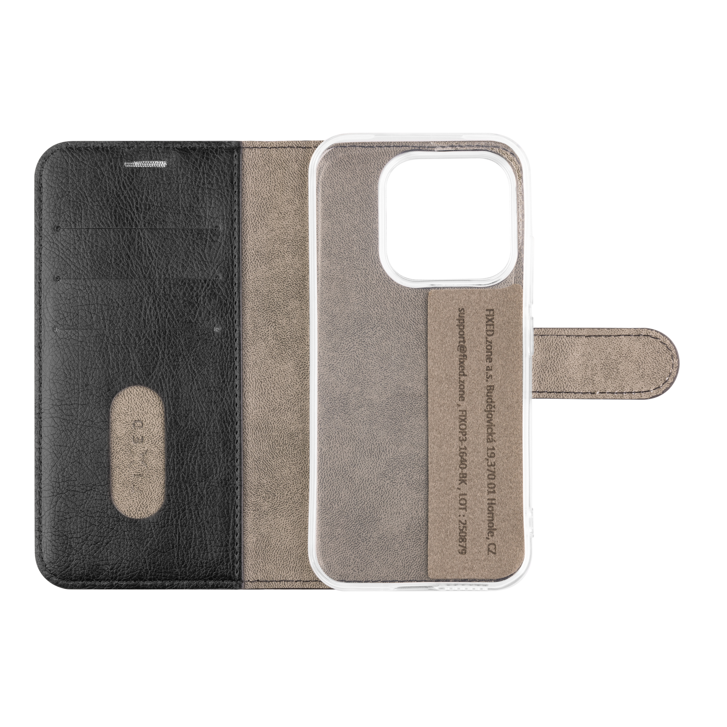 Offene Handy-Brieftasche aus schwarzem und braunem Leder mit transparenter Kunststoffeinsatz und Magnetlasche.