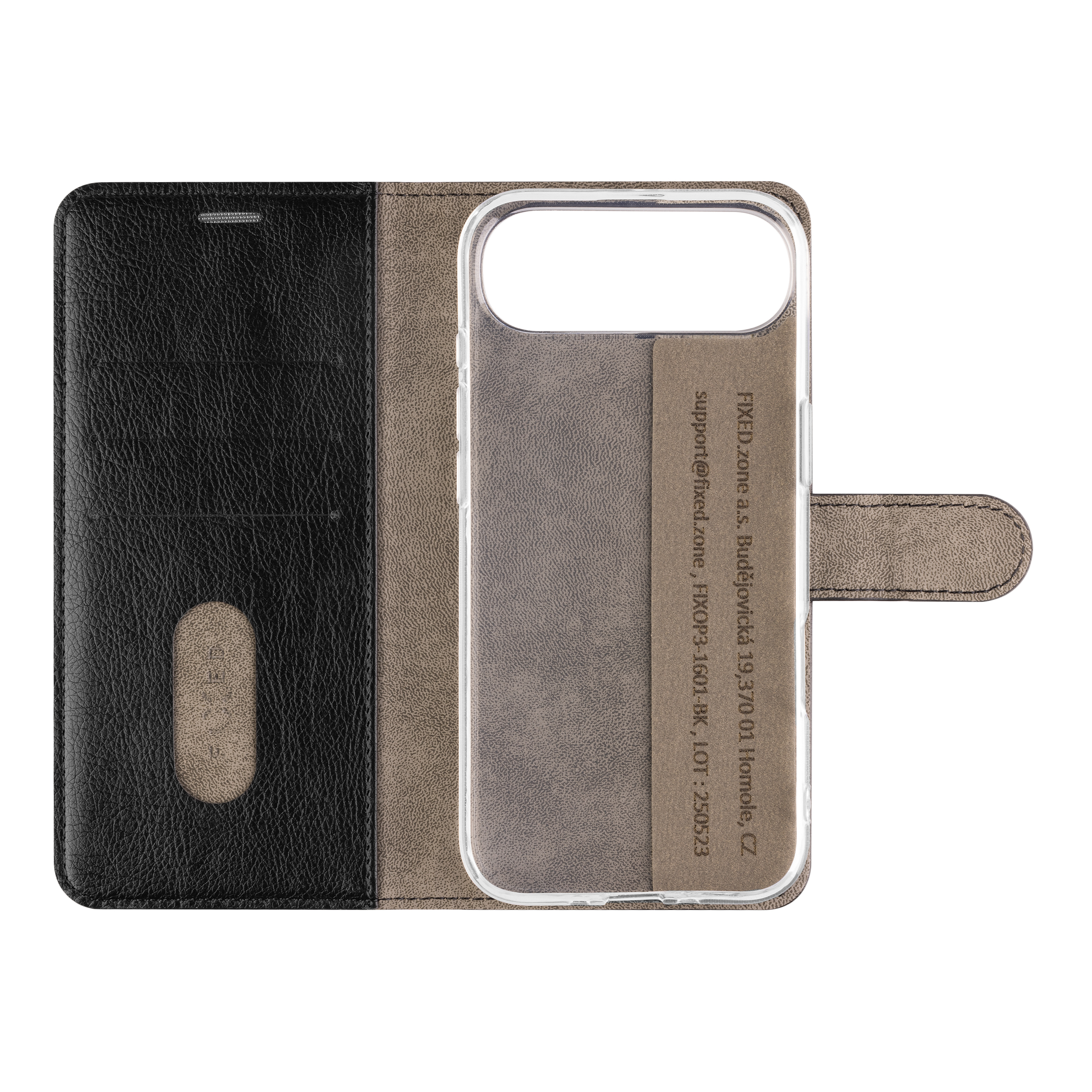 Geöffnetes Handy-Wallet-Etui in Schwarz und Braun mit Kartenfächern und transparenter Hülle.