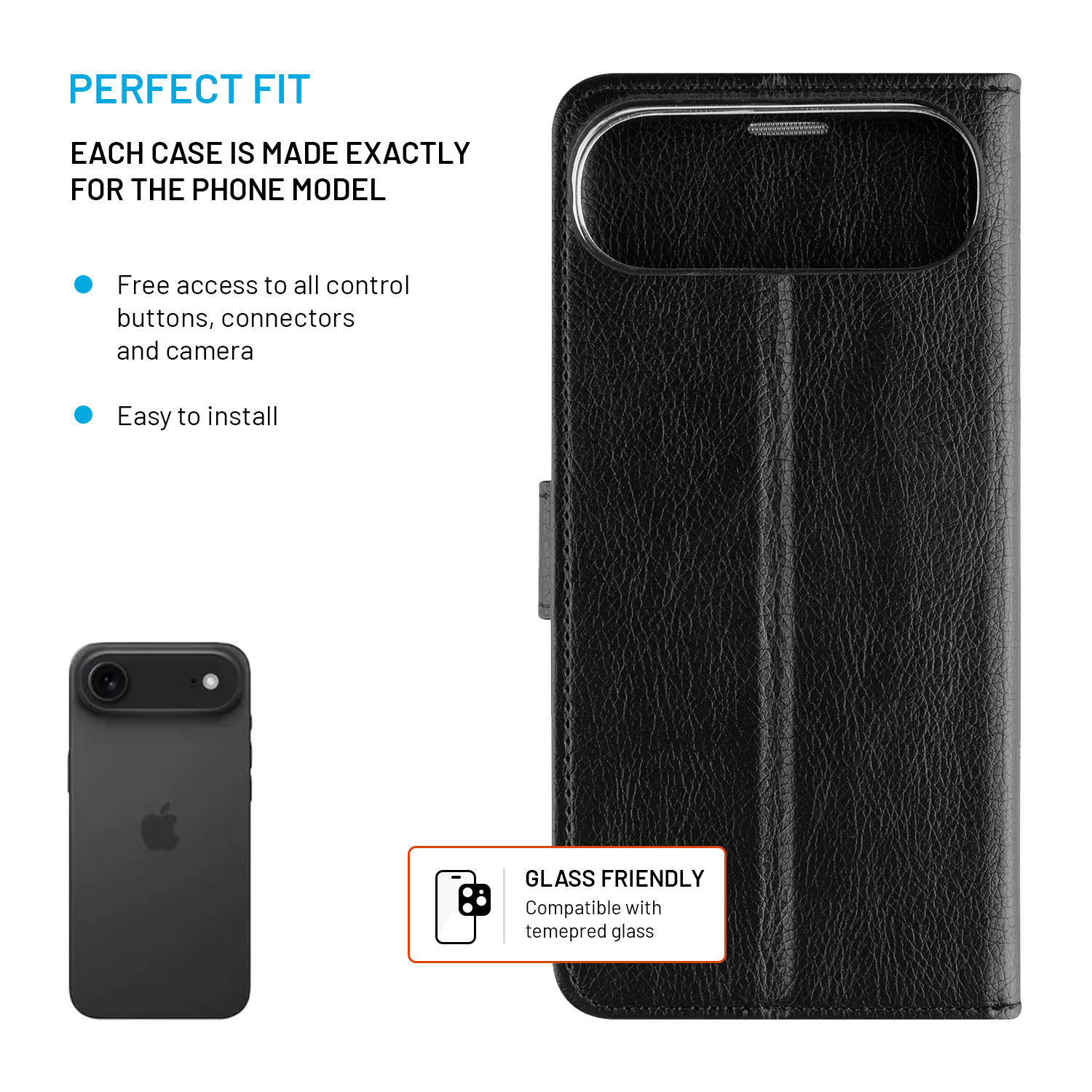 Eine schwarza Smartphone-Ledertasche mit Kameraaussparung und Text über perfekte Passform und glasfreundliches Design.